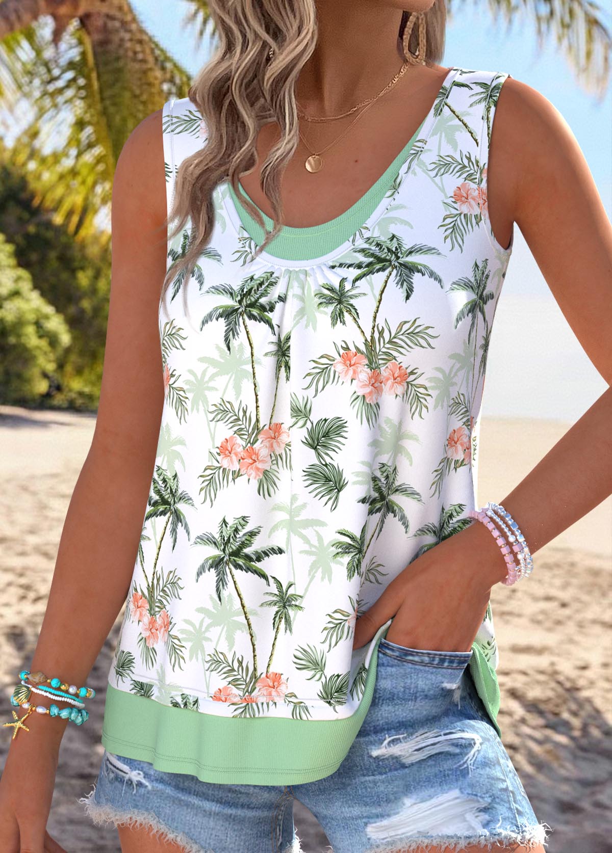 Green Tropical Plants Print Fake 2in1 Sleeveless Tank Top | picture 