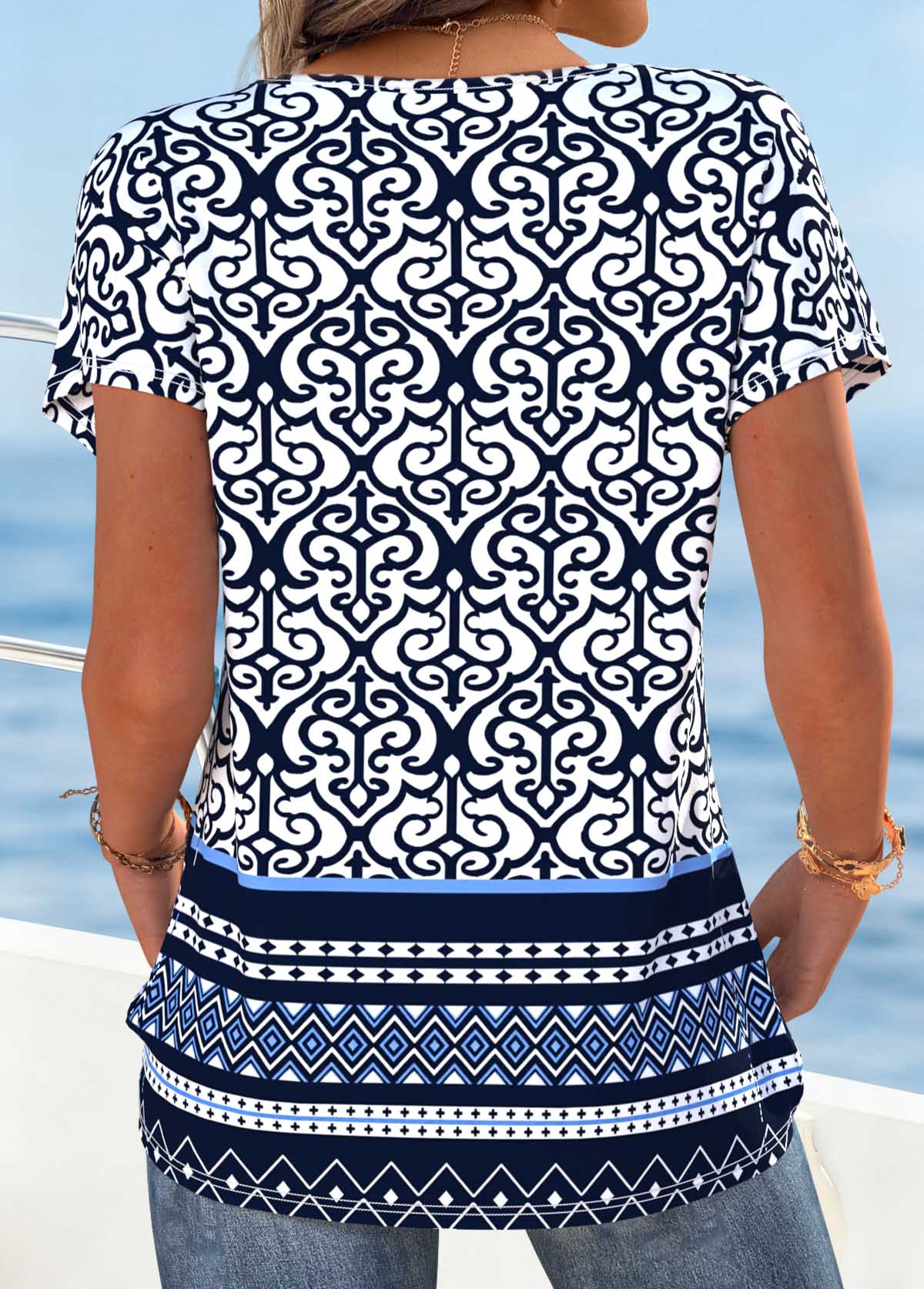 Navy Tribal Print Cut Out Short Sleeve T Shirt | picture 