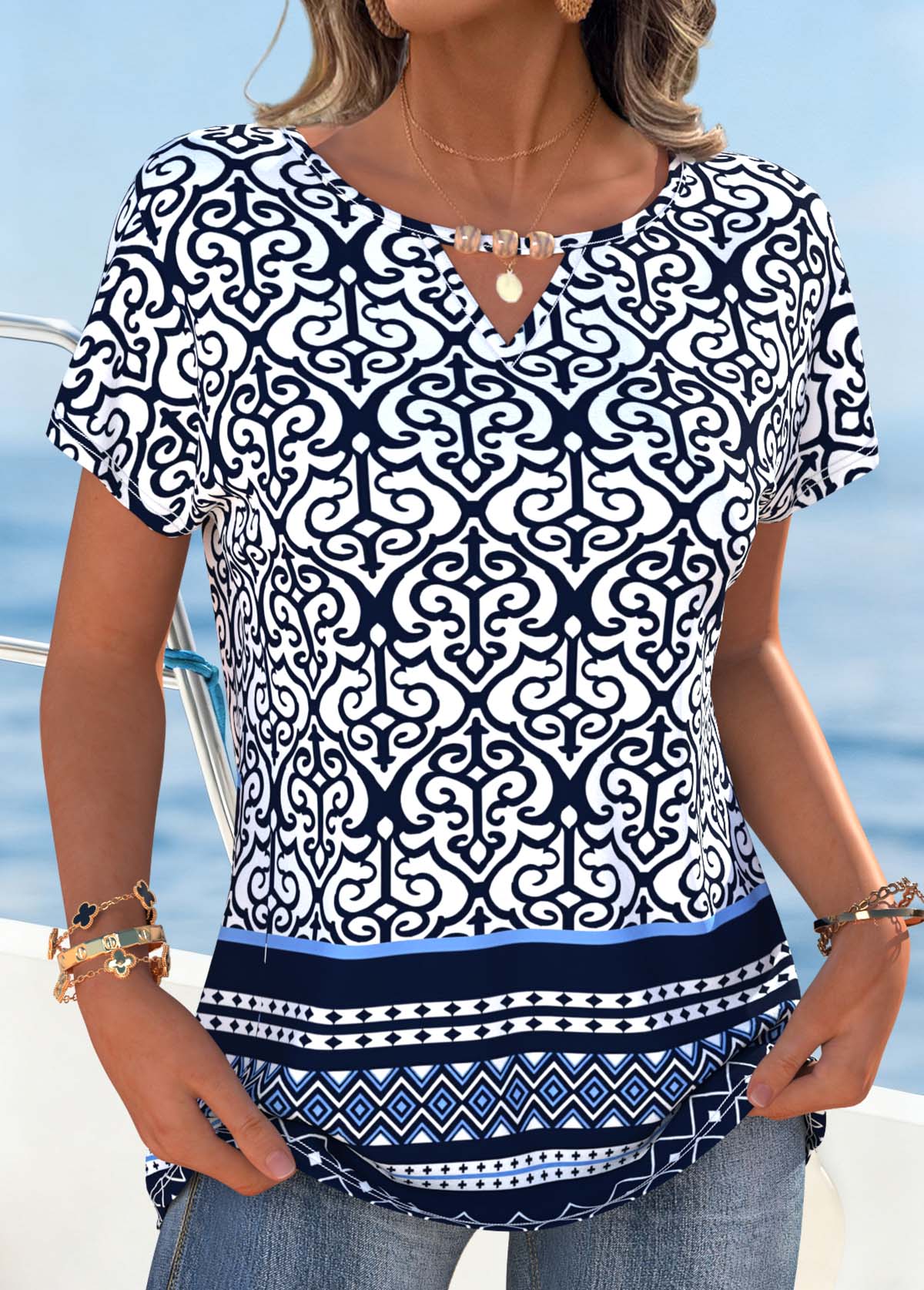 Navy Tribal Print Cut Out Short Sleeve T Shirt | picture 