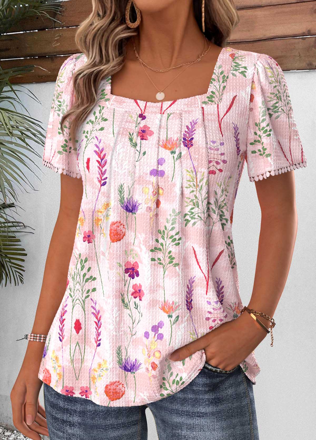 Light Pink Floral Print Pleated Short Sleeve T Shirt | picture 