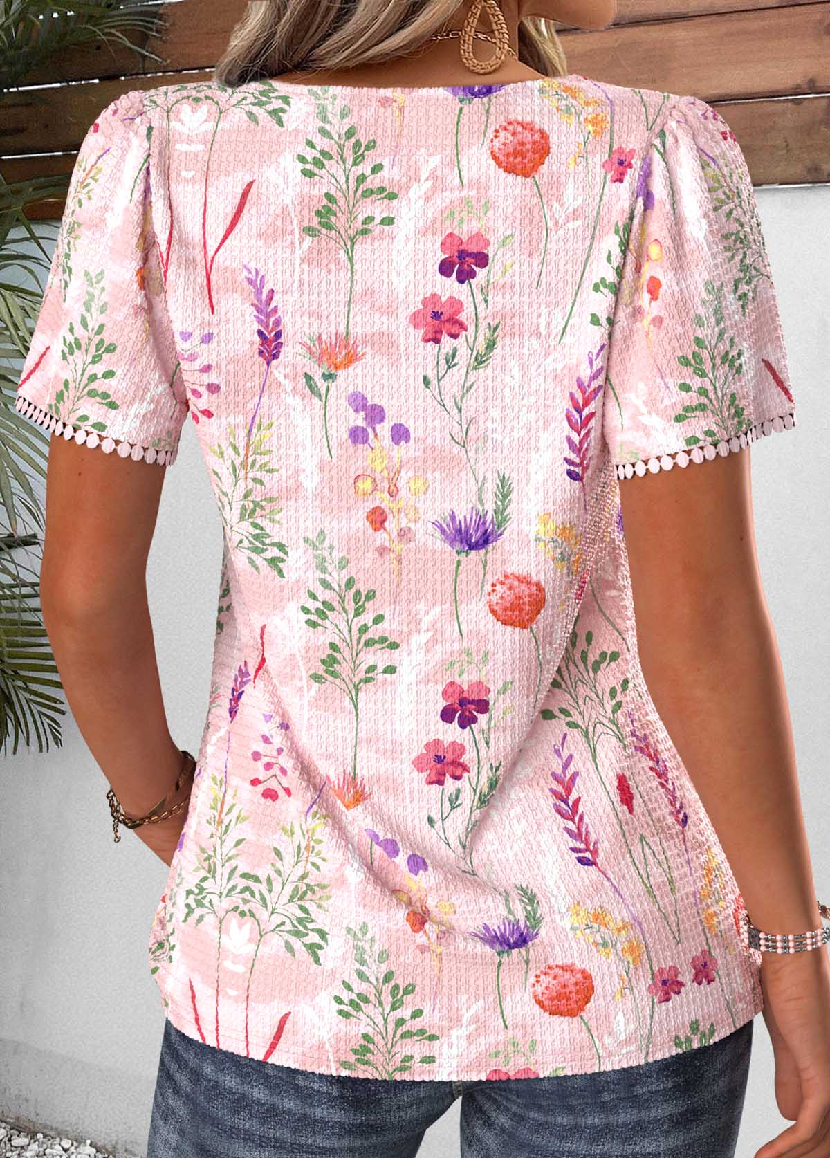 Light Pink Floral Print Pleated Short Sleeve T Shirt | picture 