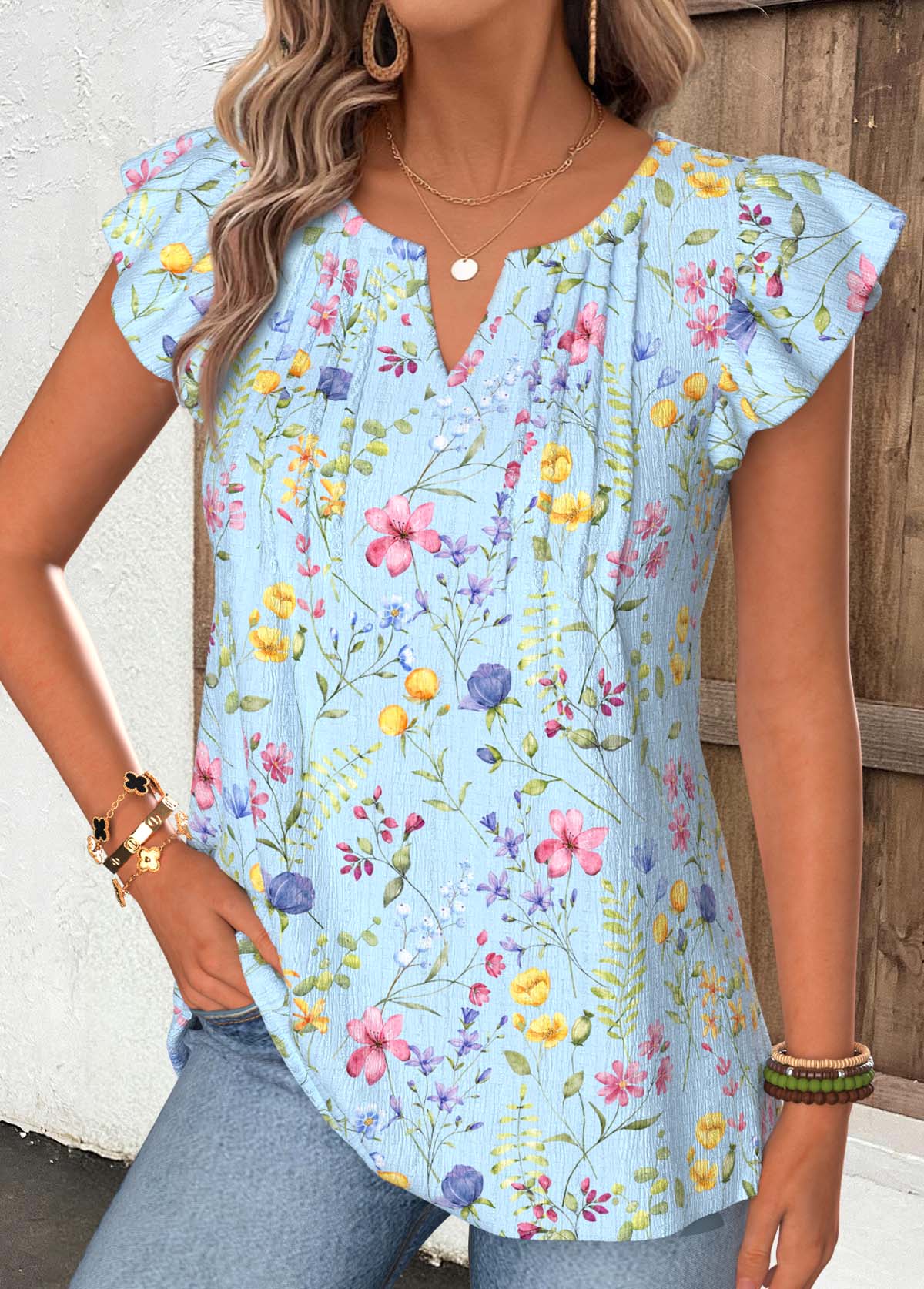 Light Blue Floral Print Tummy Coverage T Shirt | picture 