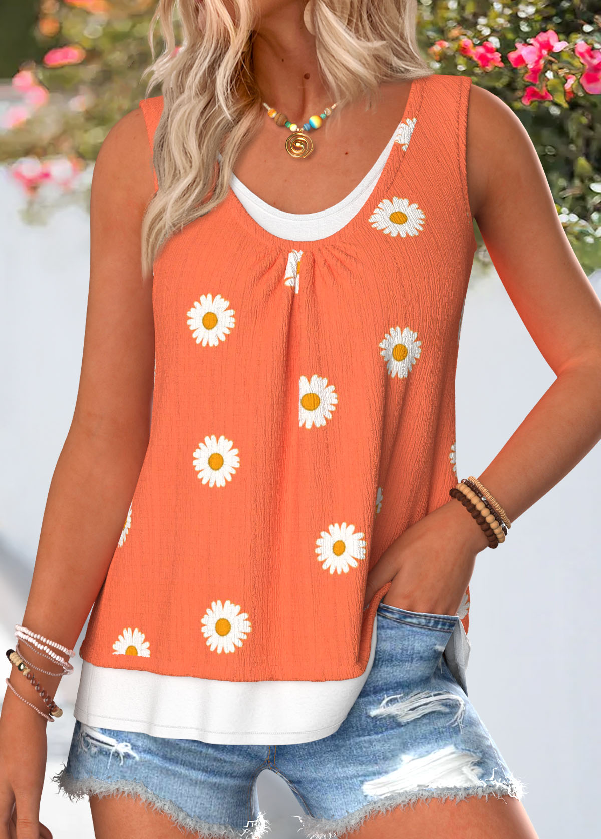Orange Floral Print Fake 2in1 Sleeveless Tank Top | picture 