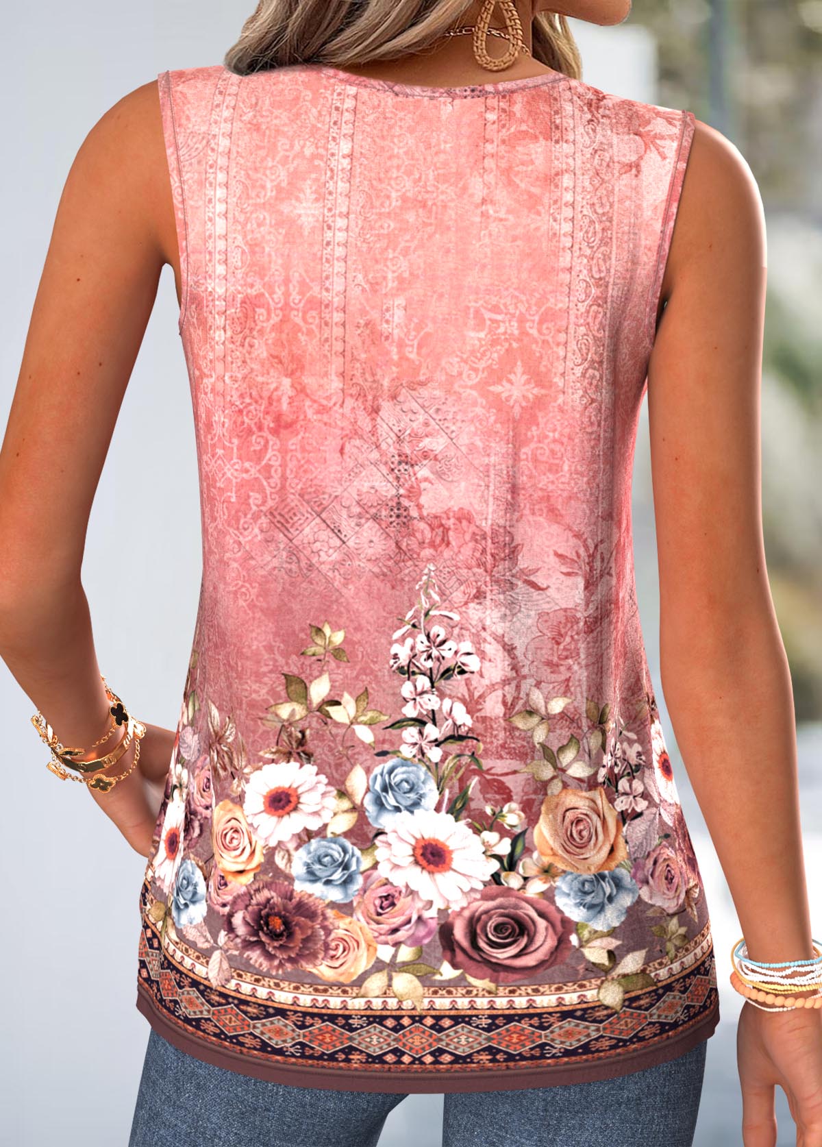 Pink Floral Print Tummy Coverage Sleeveless Tank Top | picture 