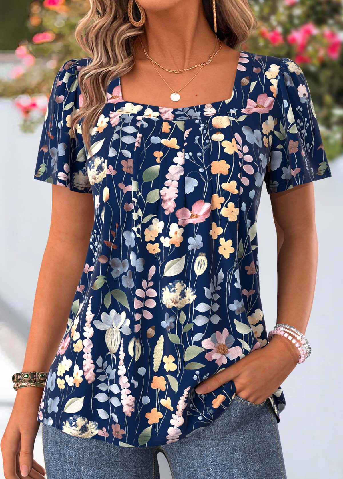 Navy Floral Print Tummy Coverage Short Sleeve T Shirt | picture 