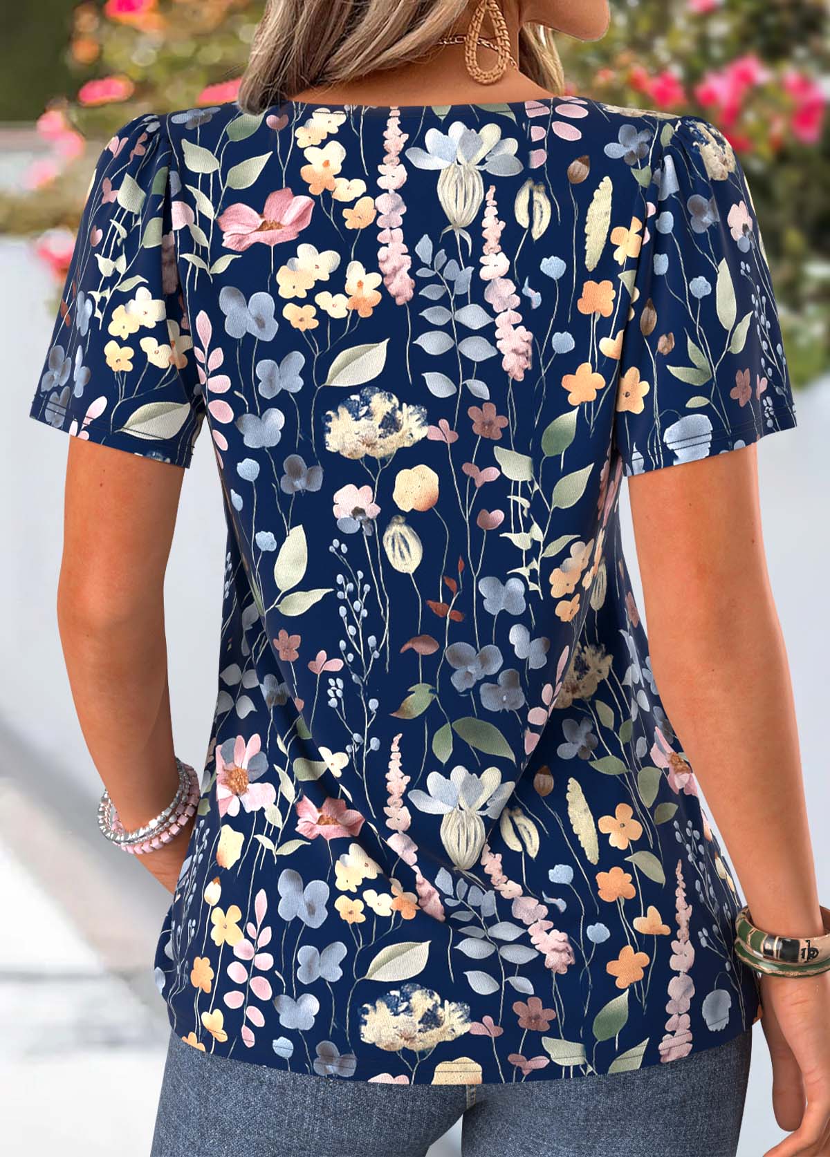 Navy Floral Print Tummy Coverage Short Sleeve T Shirt | picture 