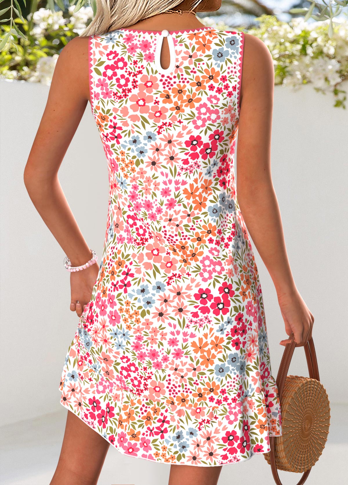 Pink Ditsy Floral Print Short Tummy Coverage Sleeveless Dress | picture 