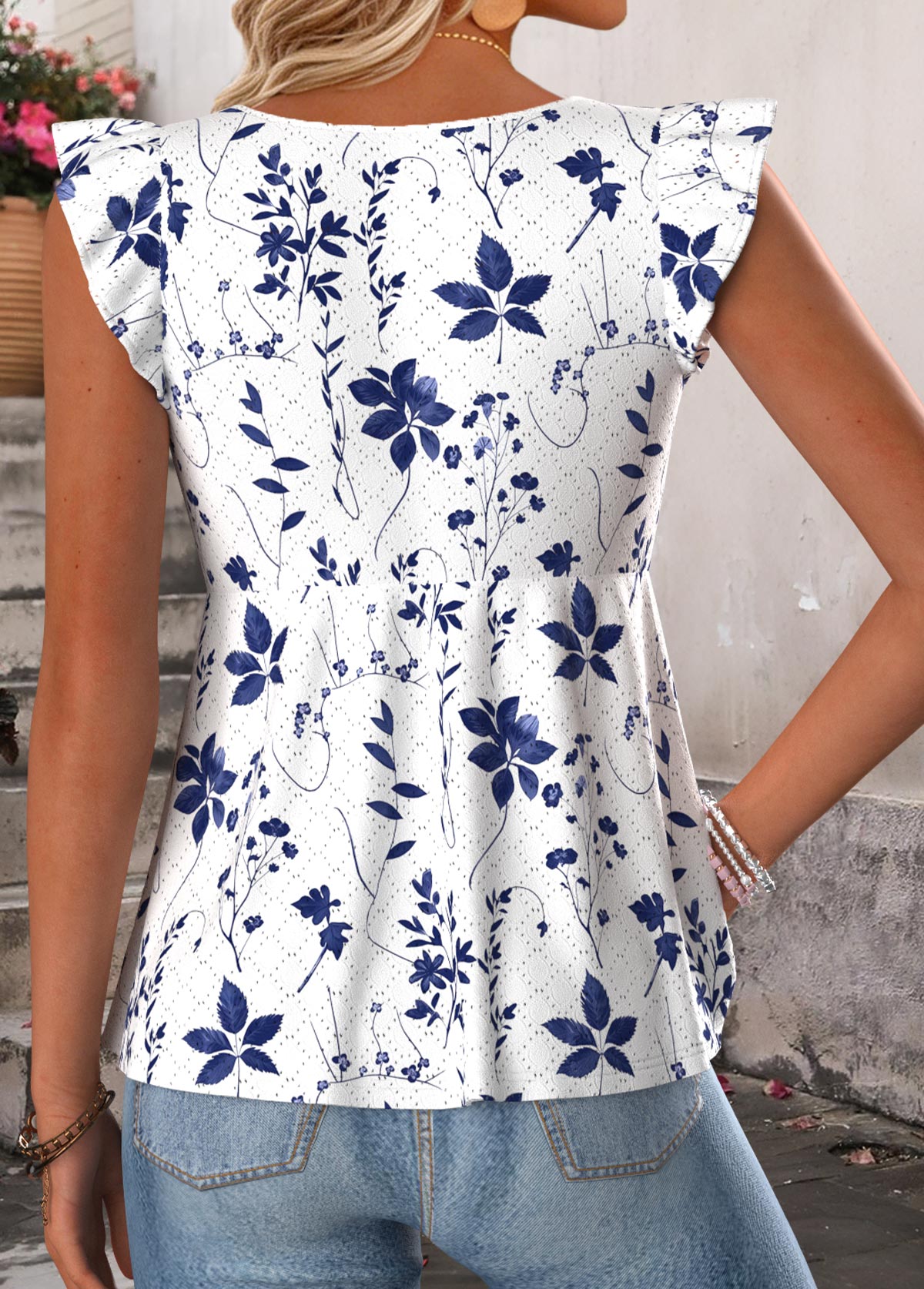White Ditsy Floral Print Peplum Short Sleeve Tank Top | picture 