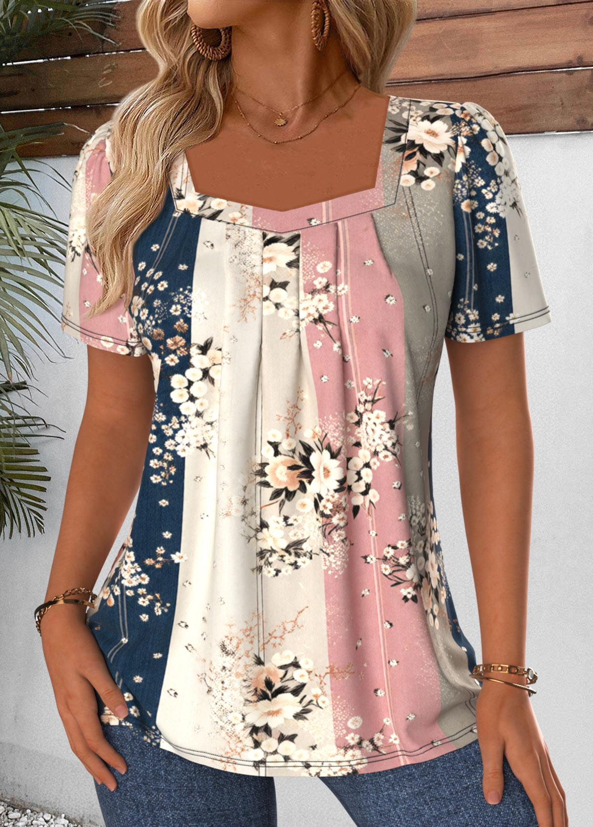 Multi Color Random Floral Print Tummy Coverage T Shirt | picture 