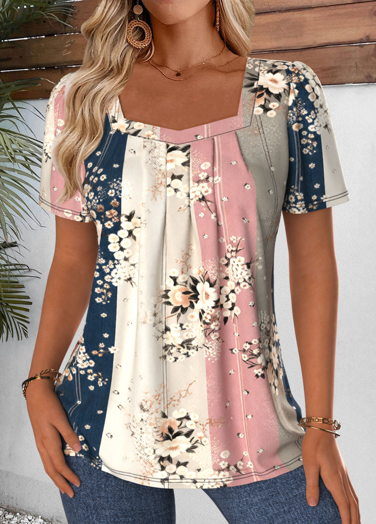 Multi Color Random Floral Print Tummy Coverage T Shirt | picture 