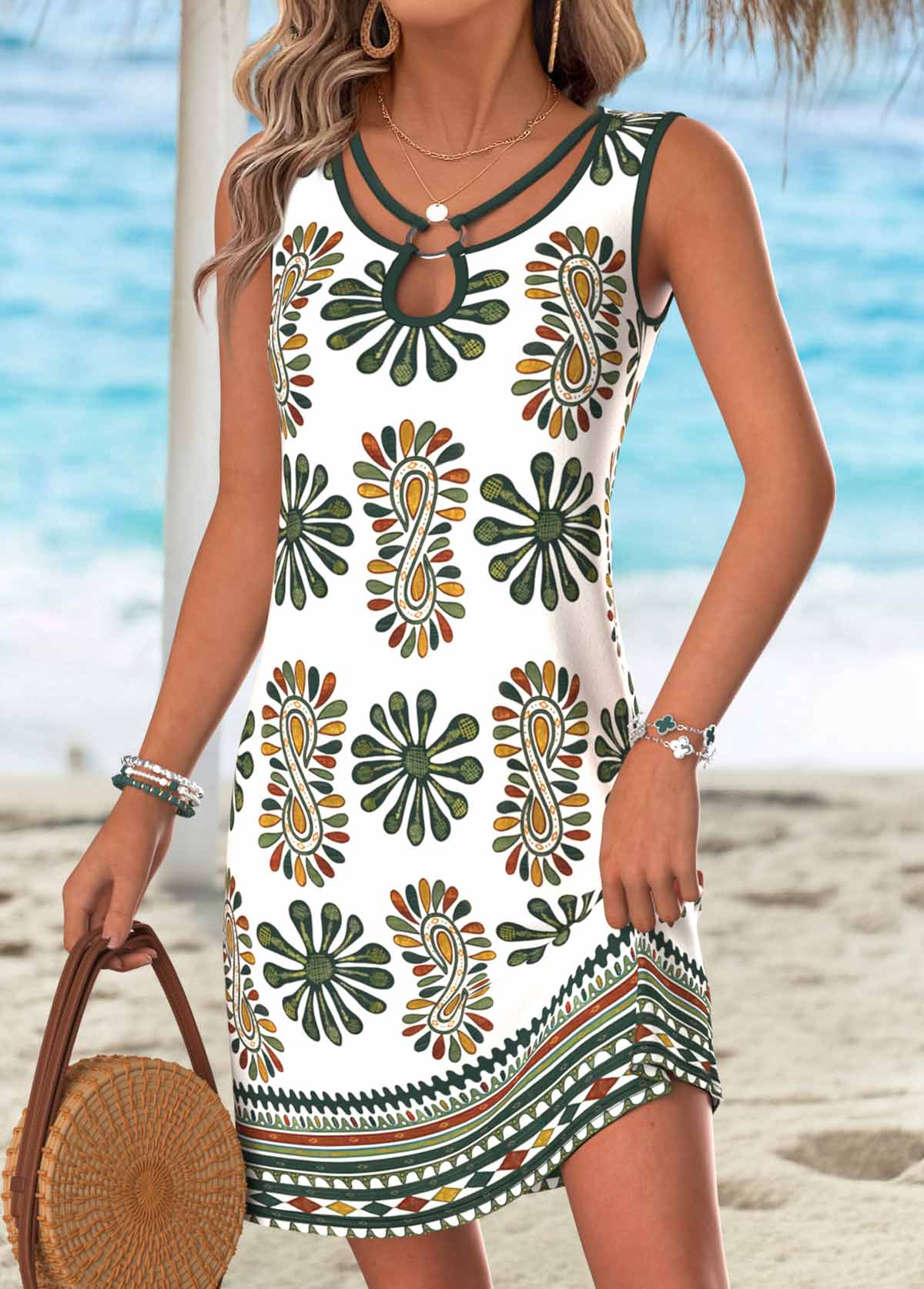 Multi Color Tribal Print Short Tummy Coverage Sleeveless Dress | picture 