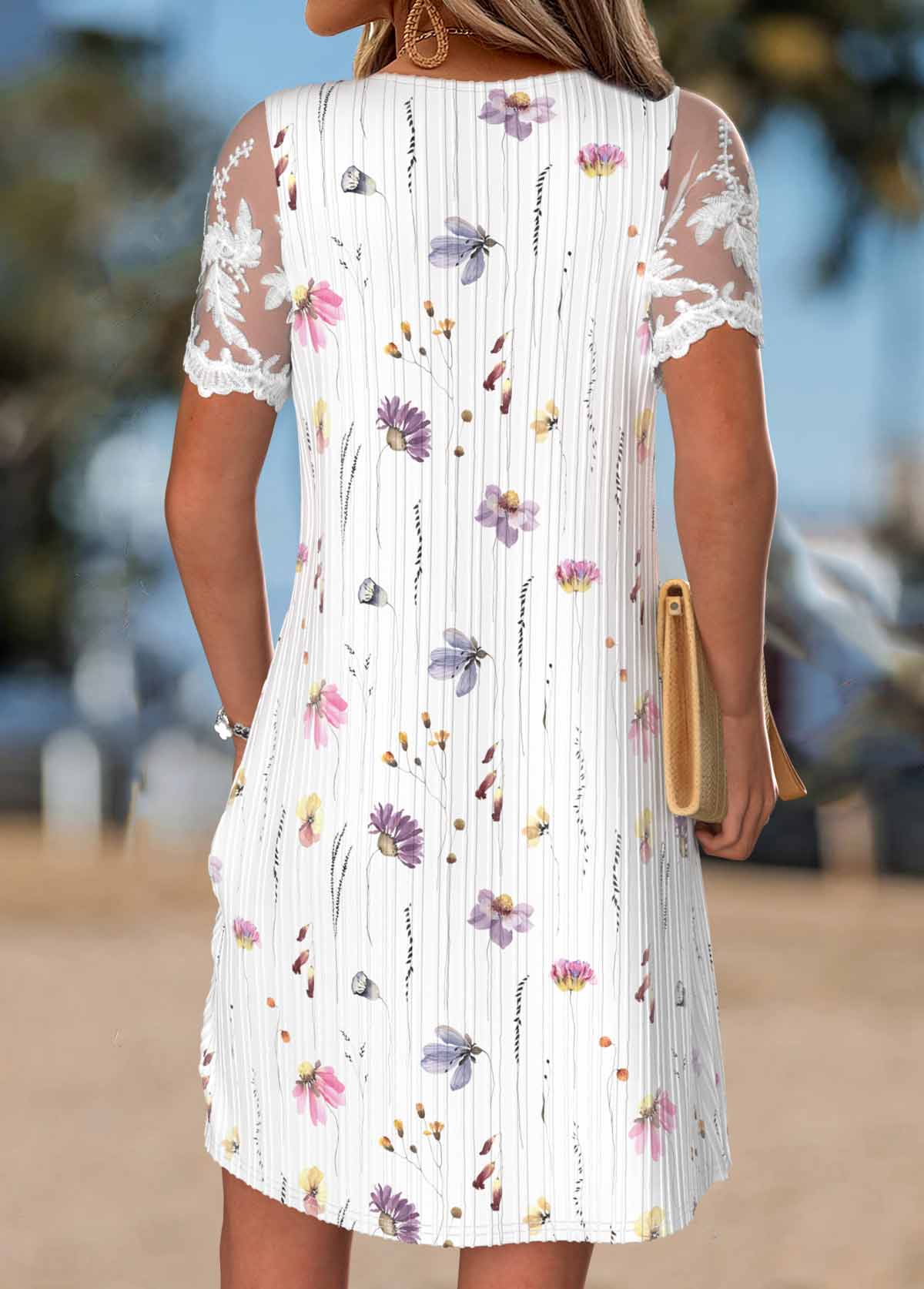 White Floral Print Short Scalloped Hem Square Neck Dress | picture 