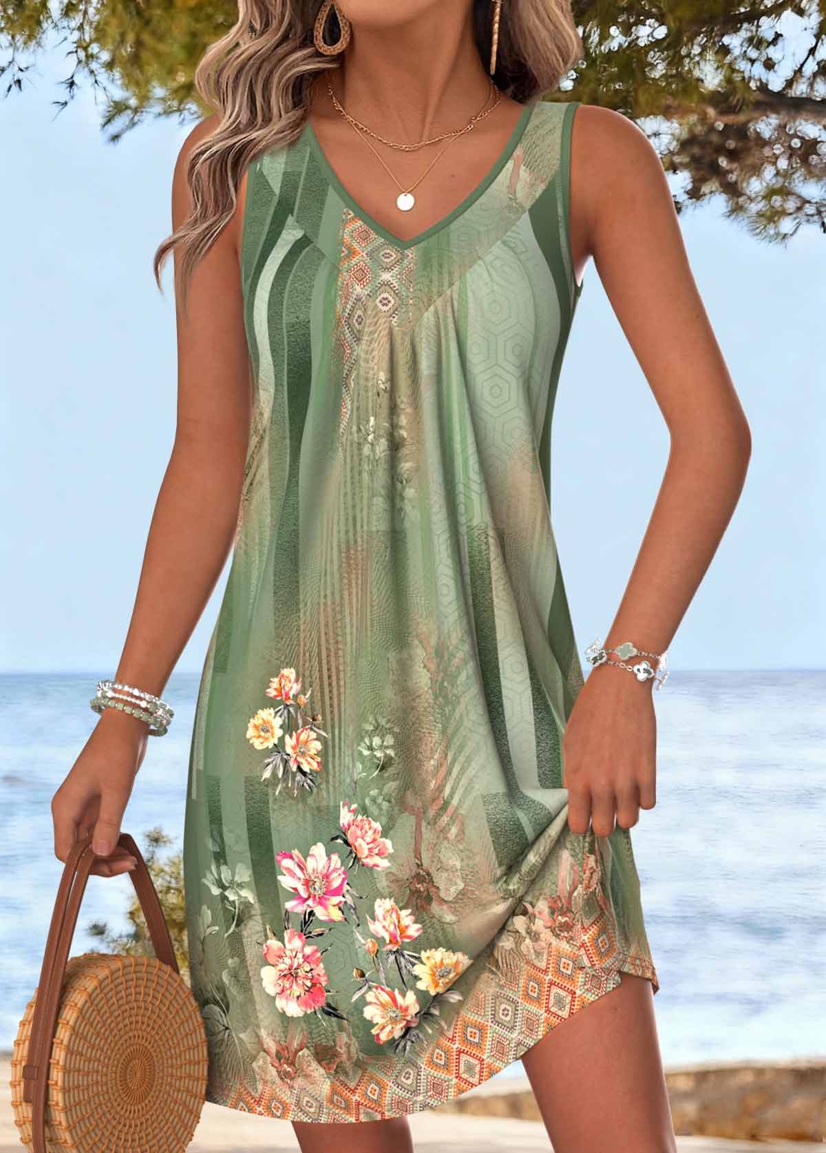 Sage Green Floral Print Short Tummy Coverage Sleeveless Dress | picture 