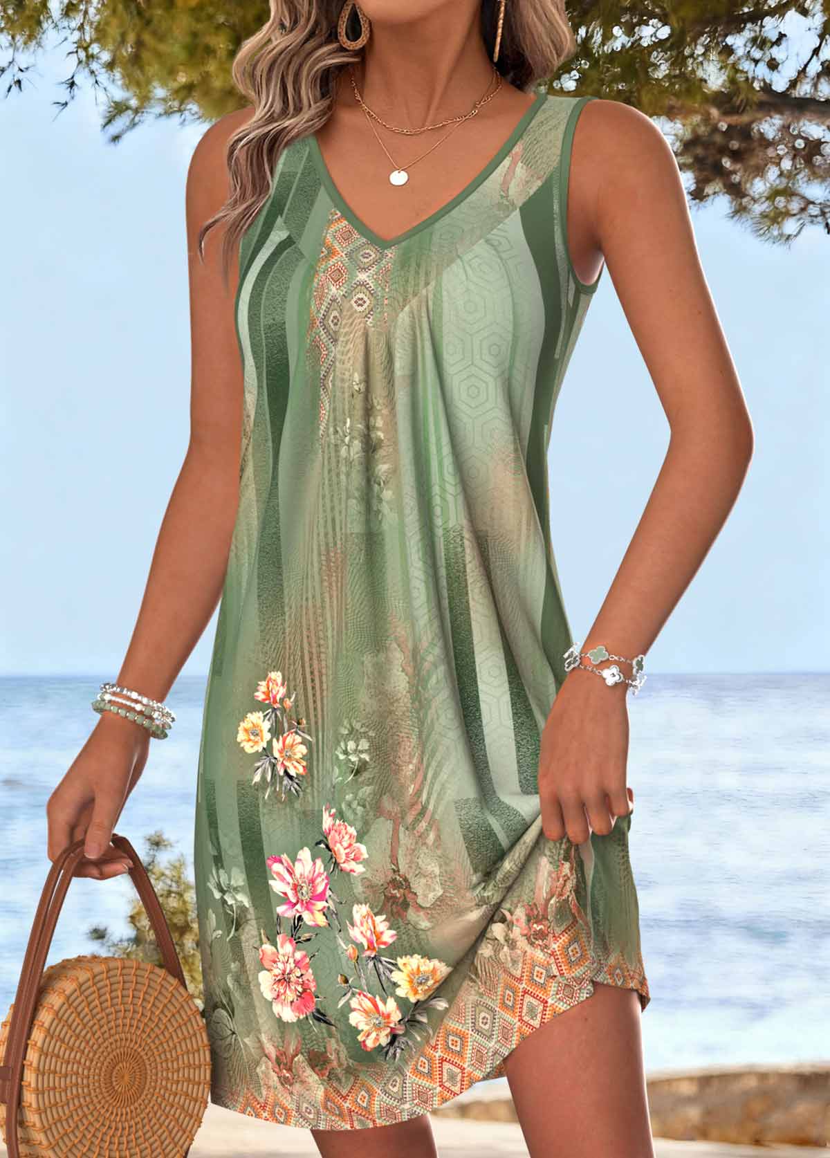 Sage Green Floral Print Short Tummy Coverage Sleeveless Dress | picture 
