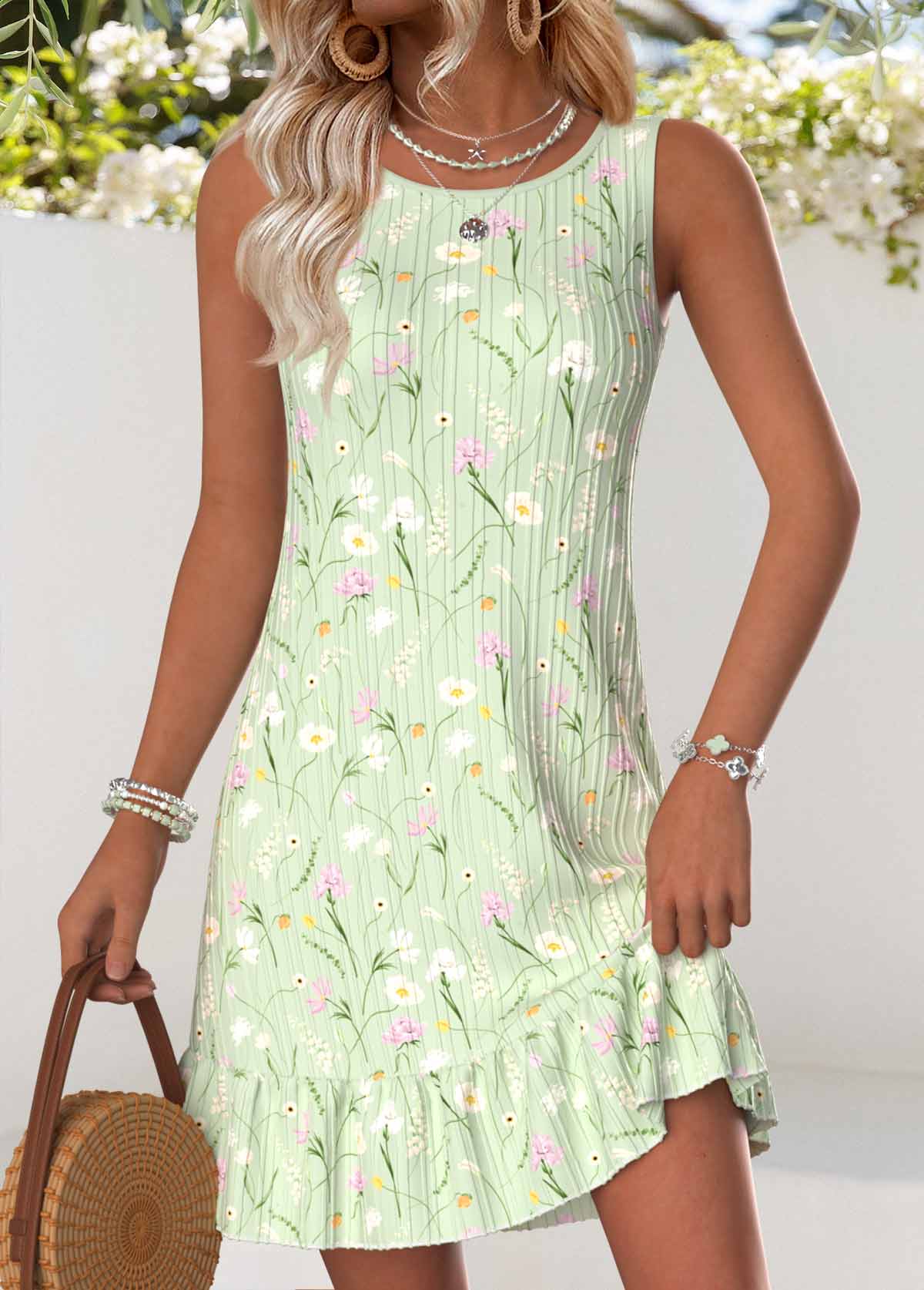 Light Green Floral Print Short Tummy Coverage Sleeveless Dress | picture 