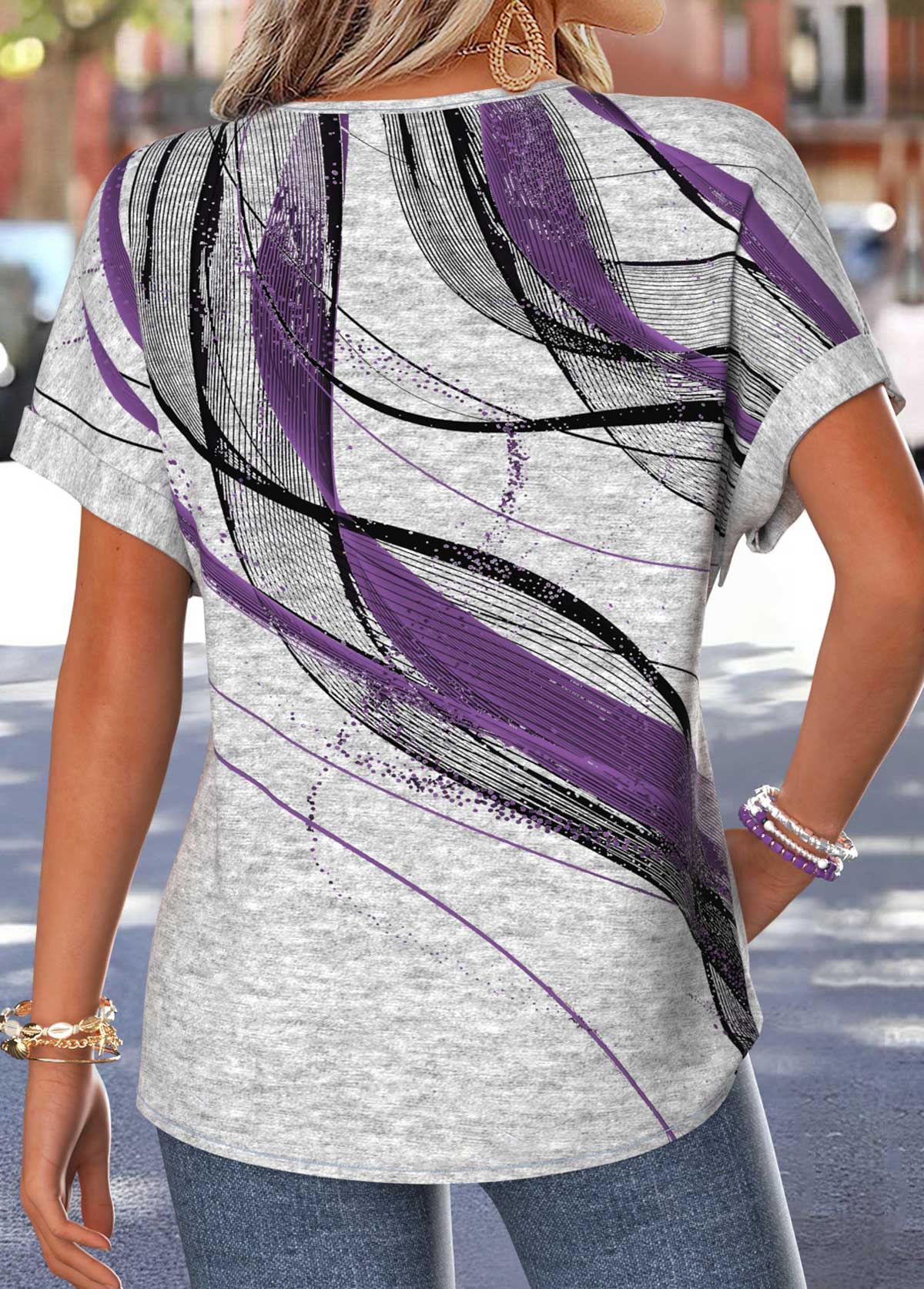 Light Grey Geometric Print Tummy Coverage T Shirt | picture 