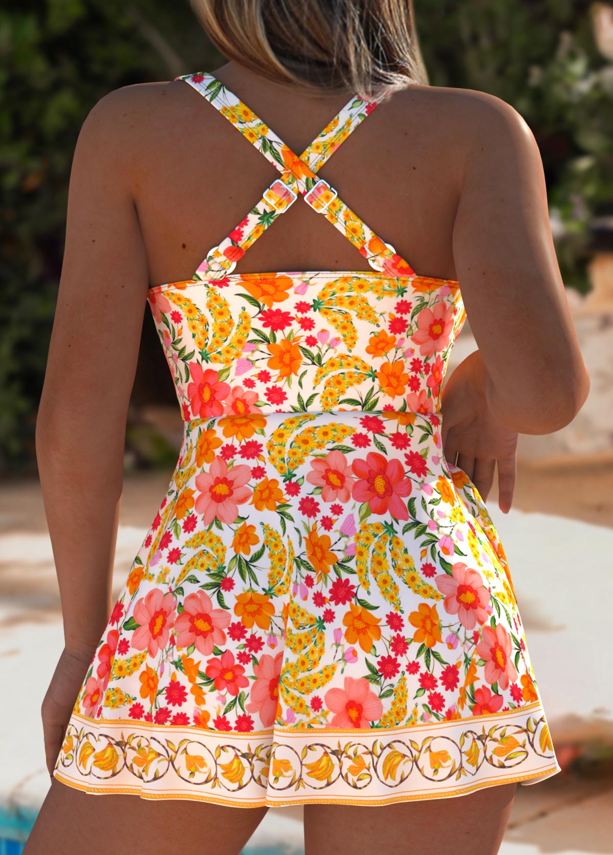 Yellow Tummy Coverage Floral Print One Piece Swimdress | picture 