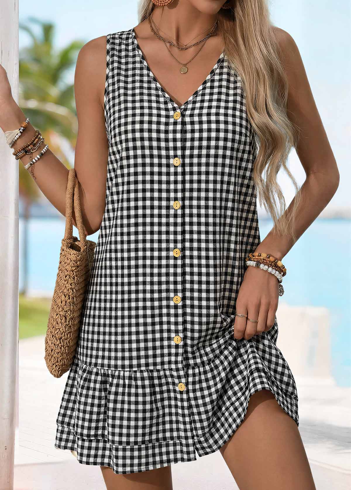 Black Plaid Short Tummy Coverage V Neck Dress | picture 