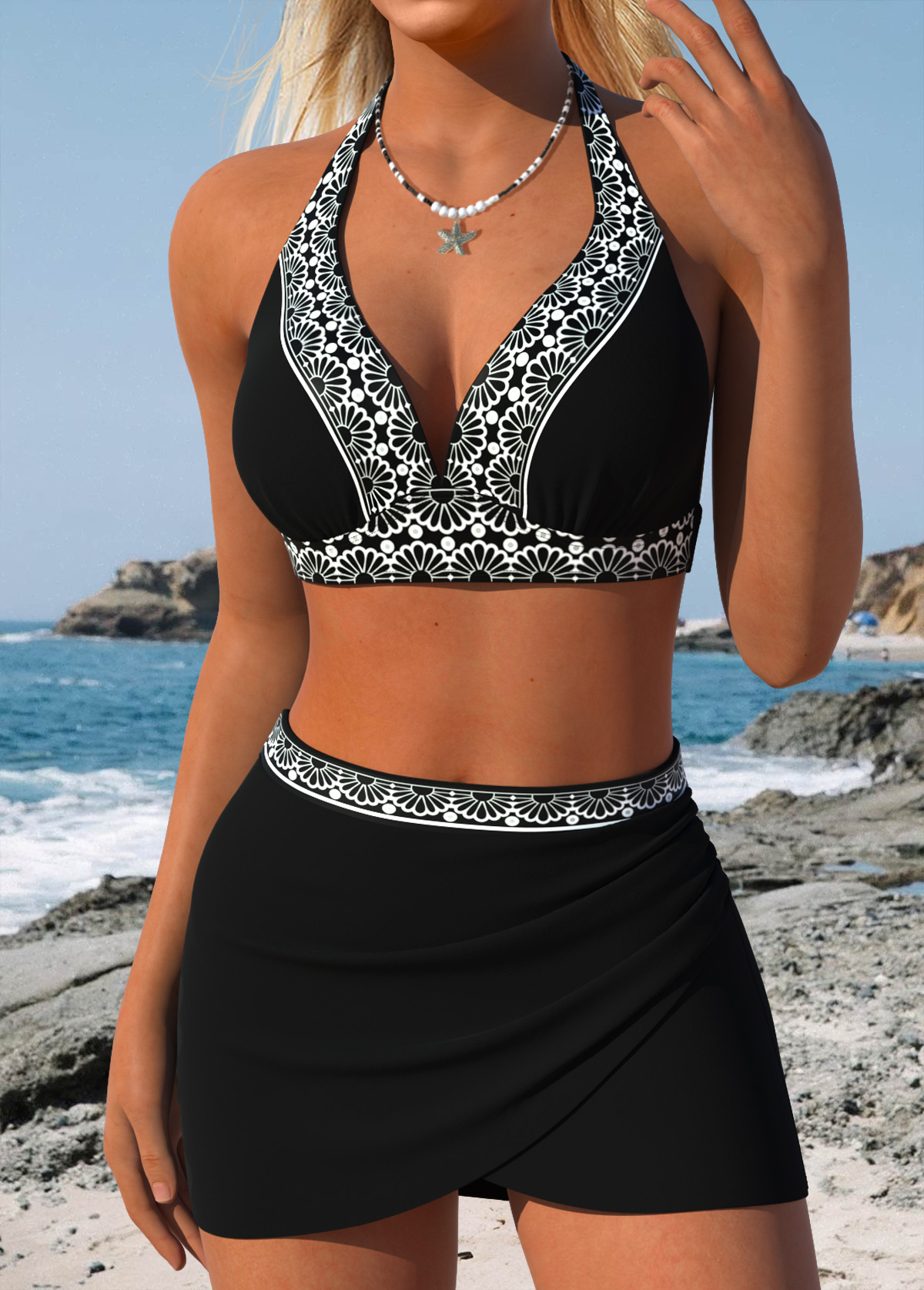 Black Mid Waisted Pull On Floral Print Bikini Set | picture 