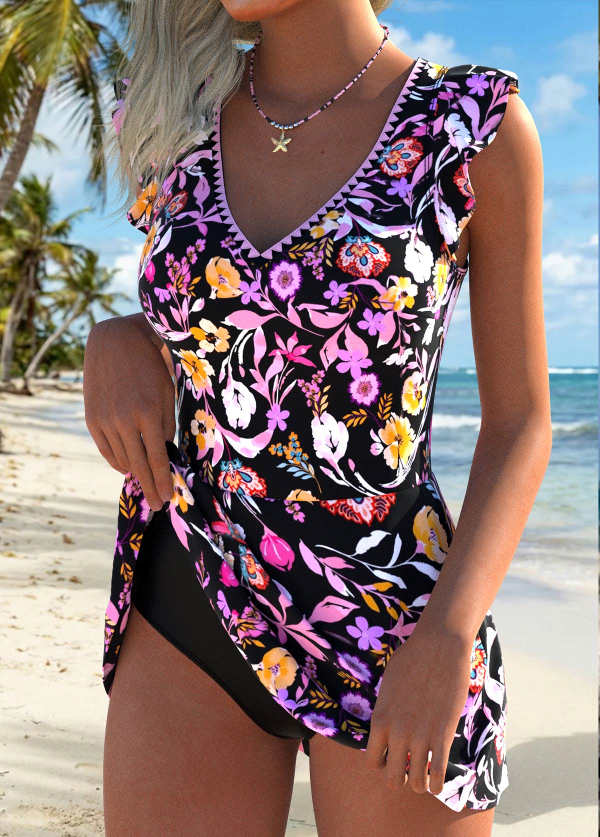 Multi Color Tummy Coverage Floral Print One Piece Swimdress | picture 
