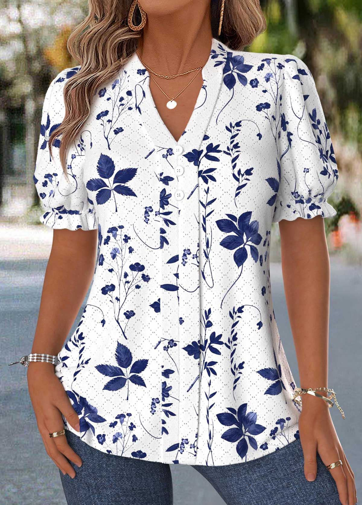 Modlily Raw White Floral Print Tummy Coverage Short Sleeve Blouse - M
