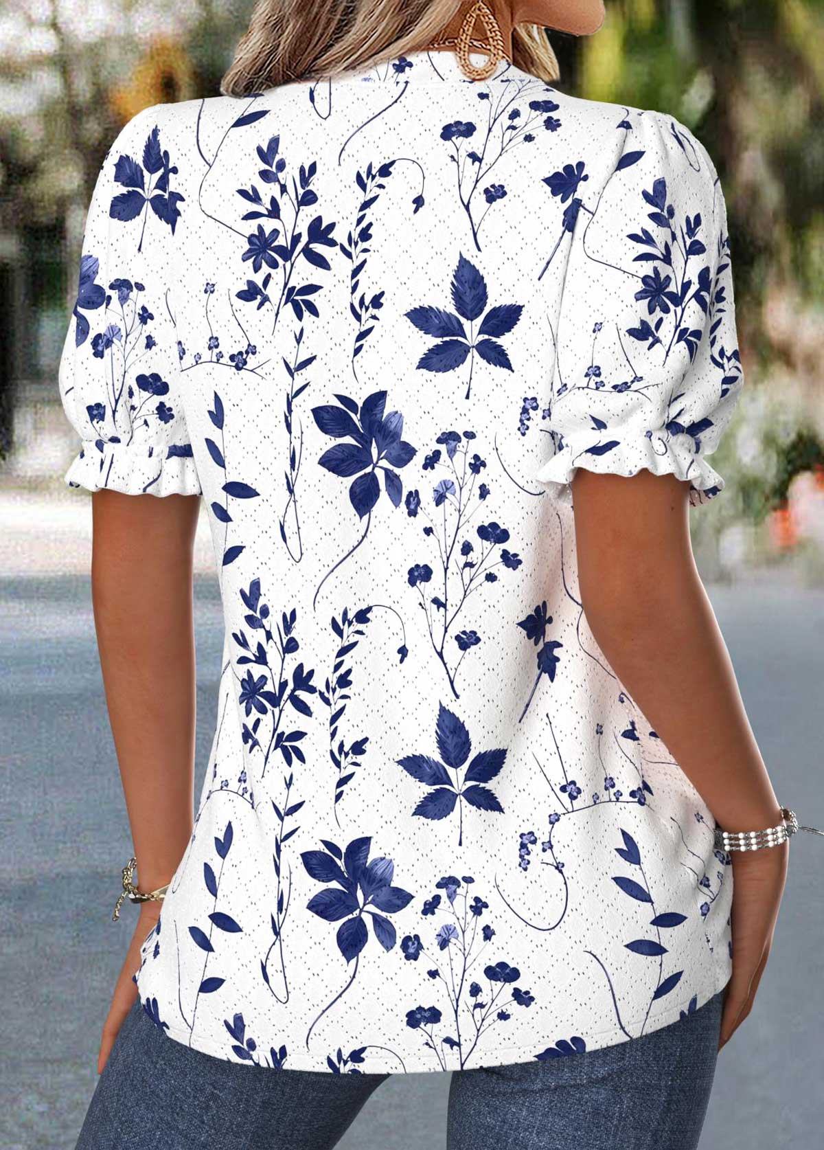 Raw White Floral Print Tummy Coverage Short Sleeve Blouse | picture 