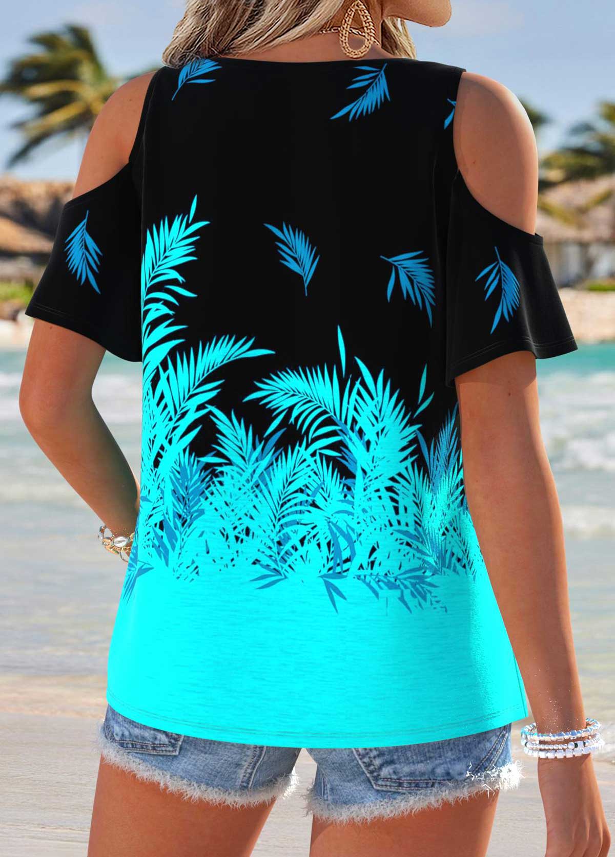 Cyan Tropical Plants Print Tummy Coverage T Shirt | picture 
