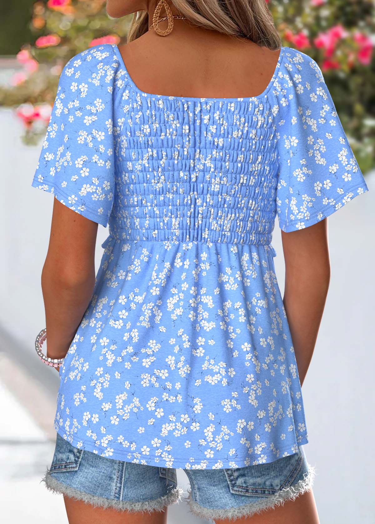 Dusty Blue Ditsy Floral Print Curved Hem T Shirt | picture 