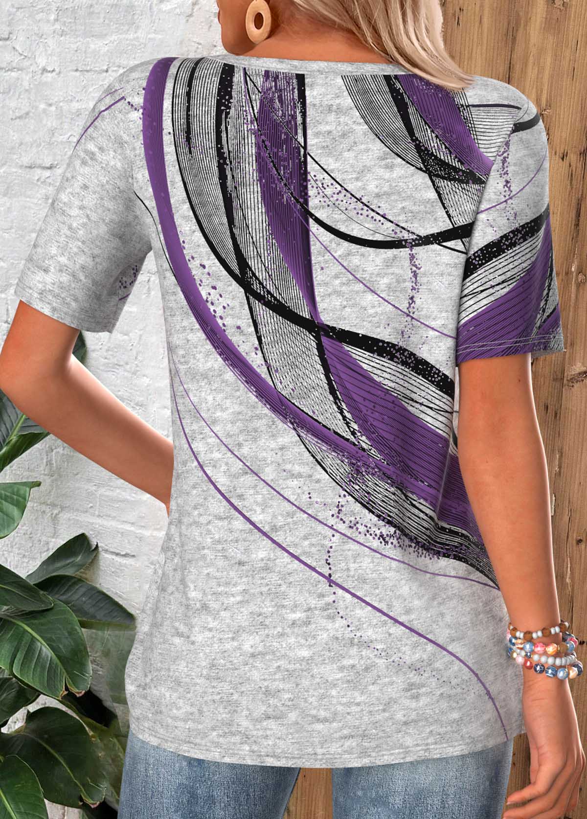 Light Grey Marl Geometric Print Tuck Stitch T Shirt | picture 