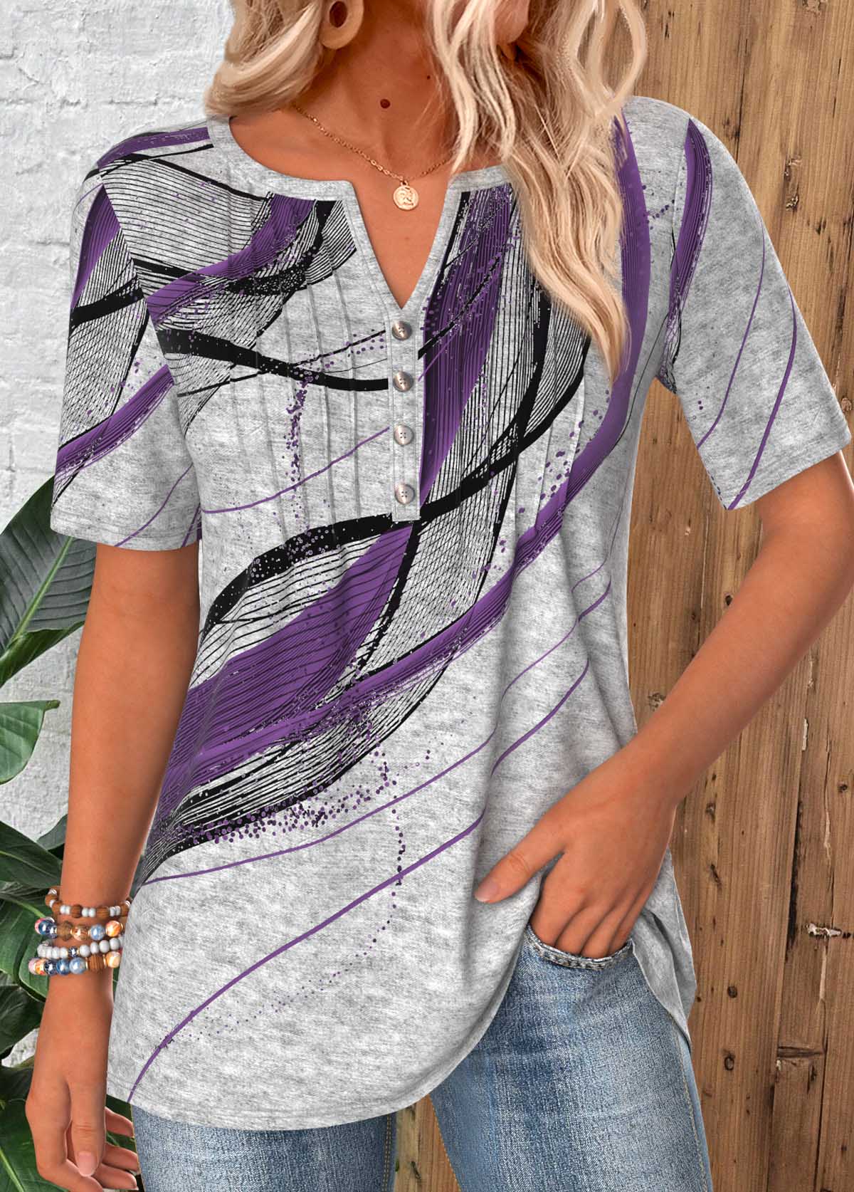 Light Grey Marl Geometric Print Tuck Stitch T Shirt | picture 