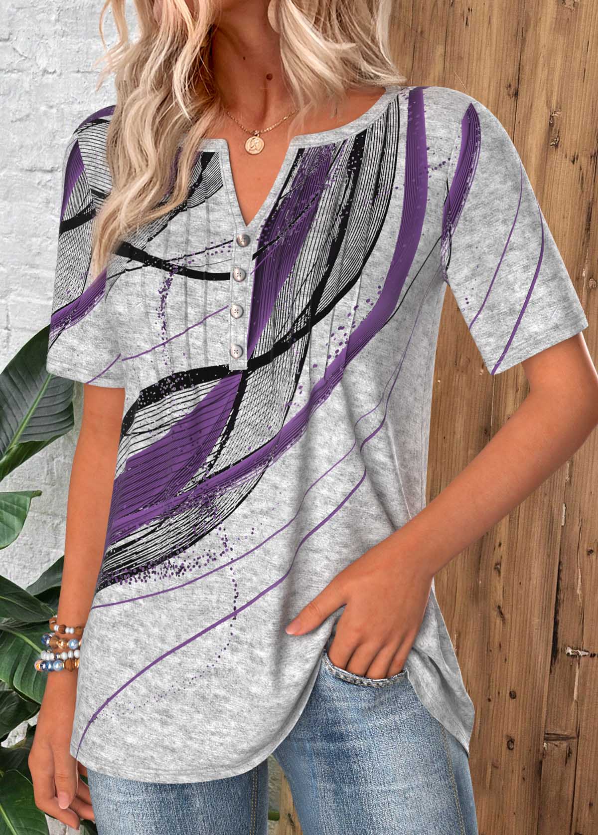 Light Grey Marl Geometric Print Tuck Stitch T Shirt | picture 