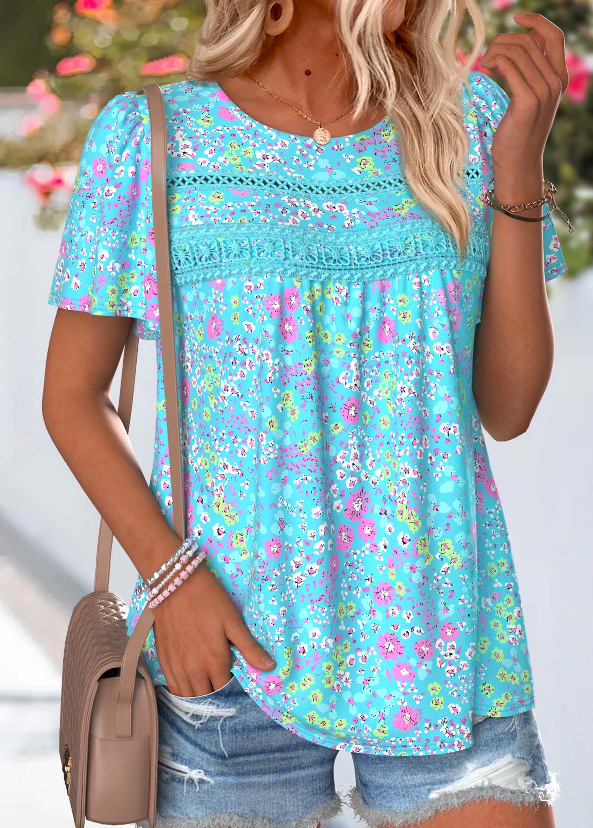 Cyan Ditsy Floral Print Curved Hem T Shirt | picture 
