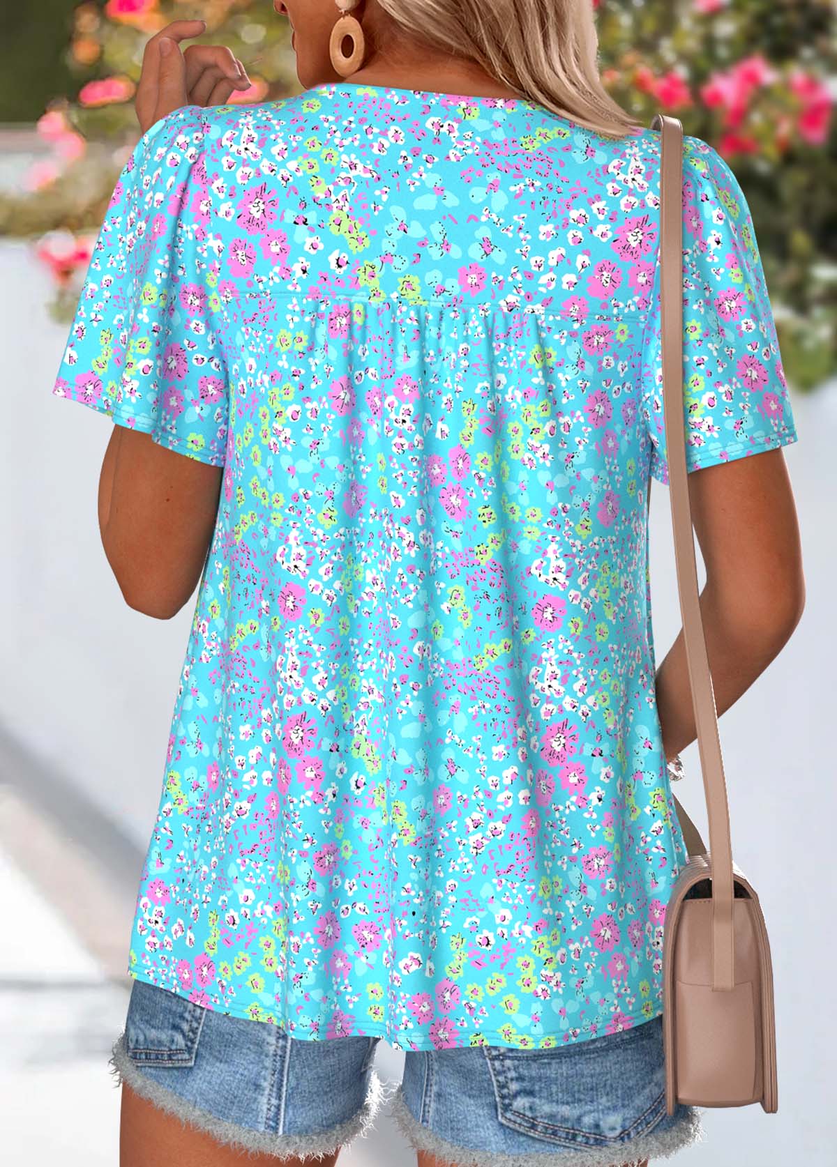 Cyan Ditsy Floral Print Curved Hem T Shirt | picture 