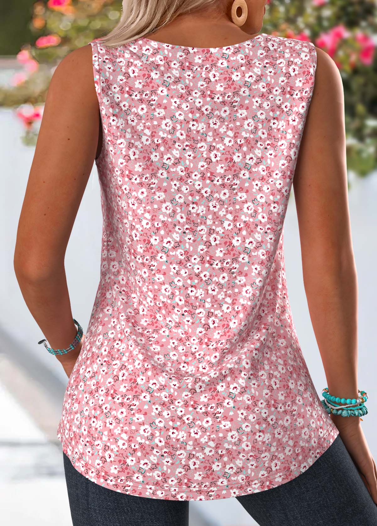 Pink Ditsy Floral Print Pleated Sleeveless Tank Top | picture 