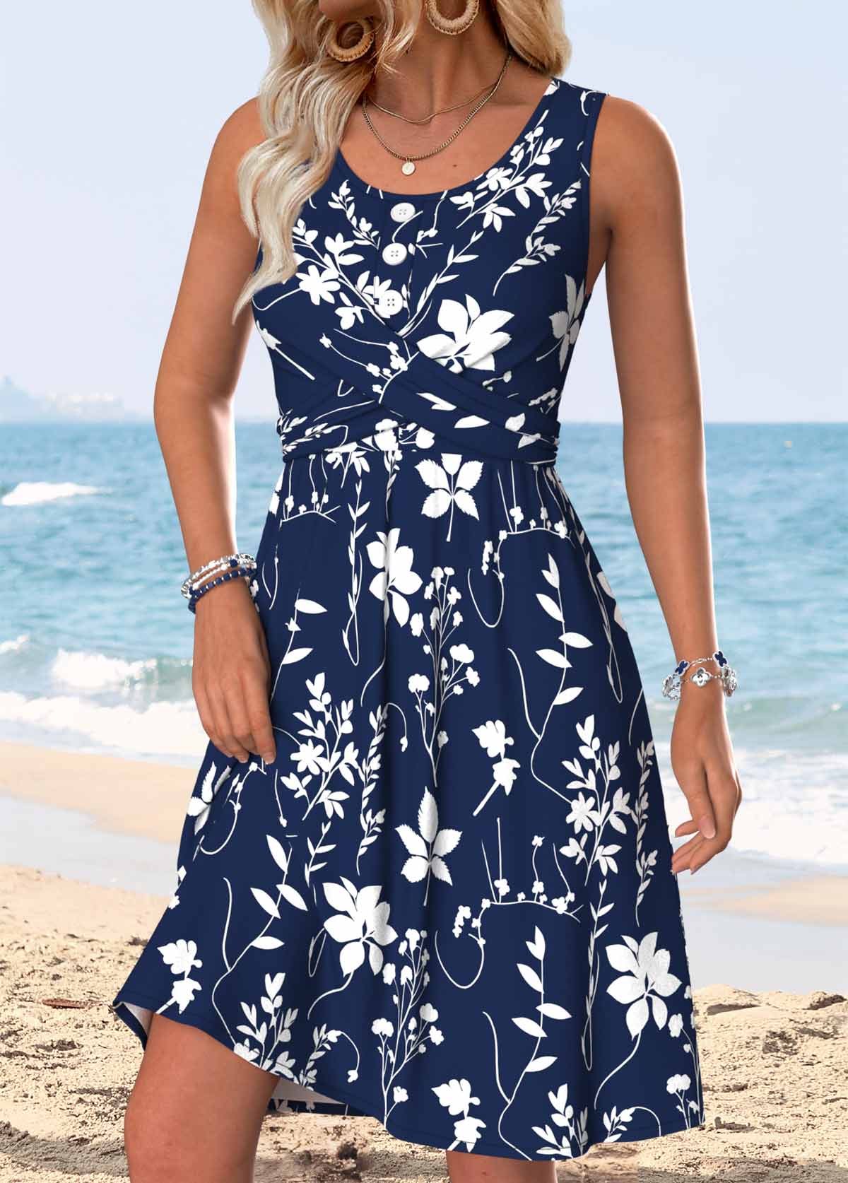 Navy Leaf Print Short Shirred Sleeveless Round Neck Dress | picture 