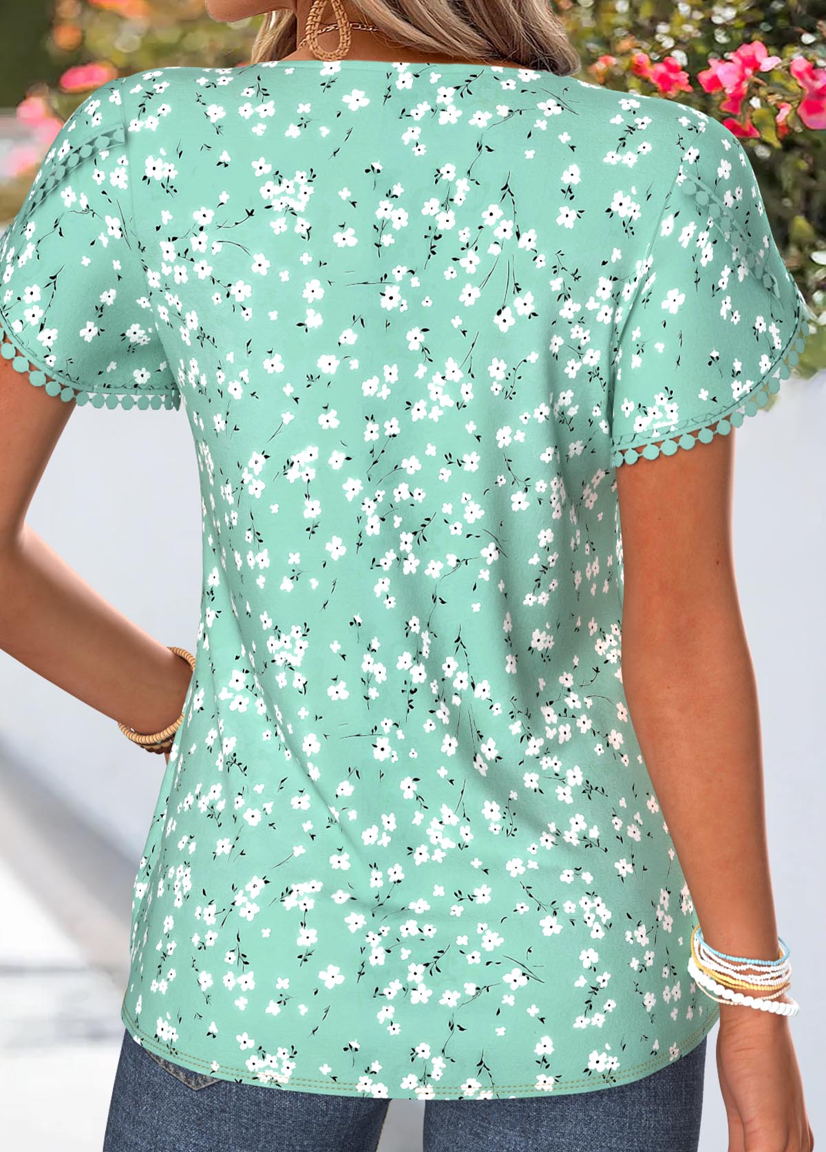 Light Green Floral Print Patchwork Short Sleeve T Shirt | picture 
