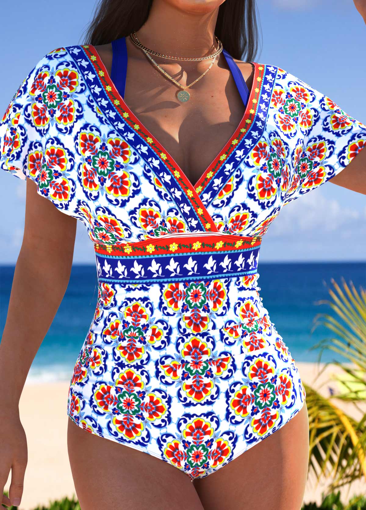 Multi Color Fake 2in1 Tribal Print One Piece Swimwear | picture 