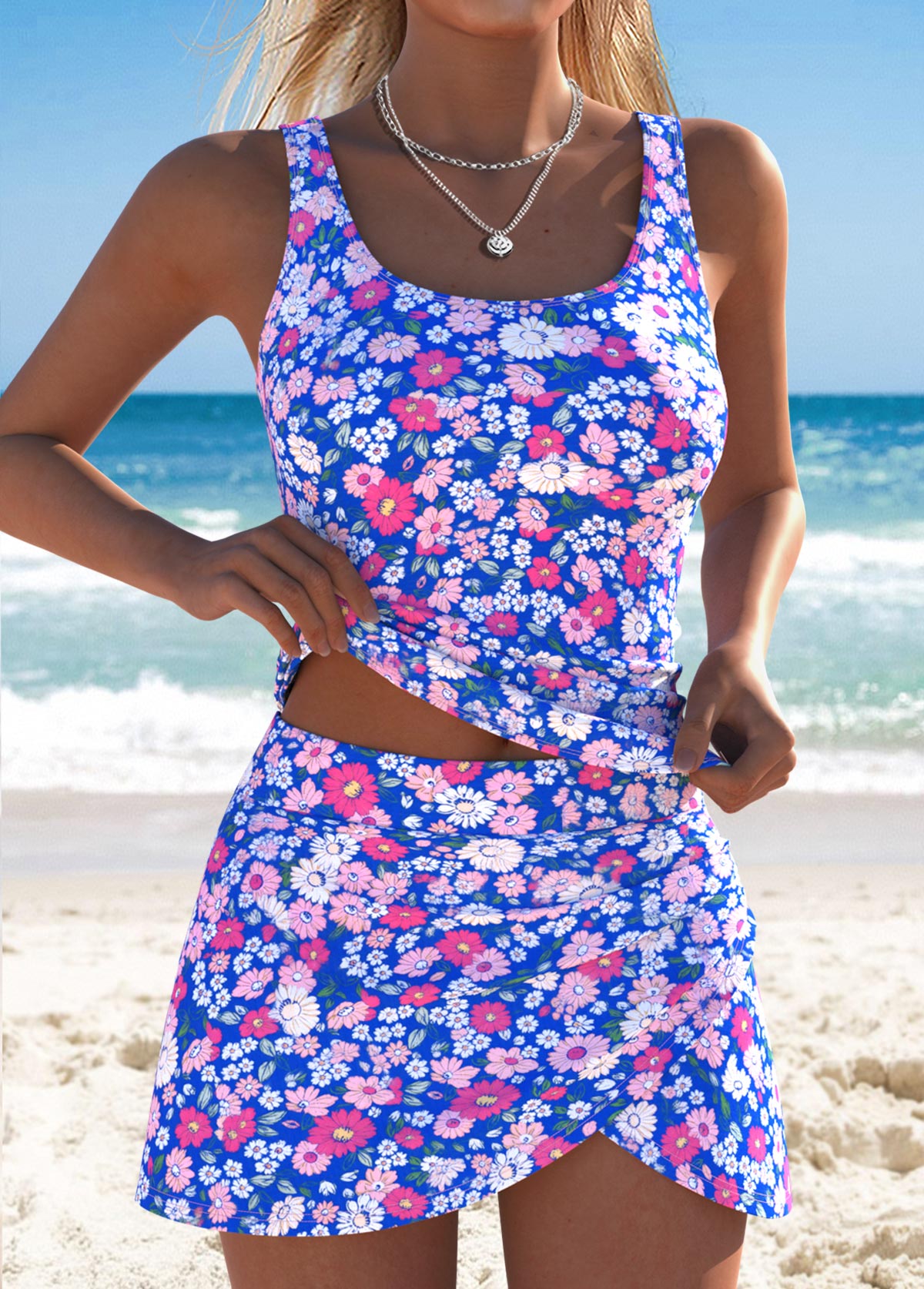 Royal Blue Mid Waisted Tummy Coverage Tankini Set | picture 