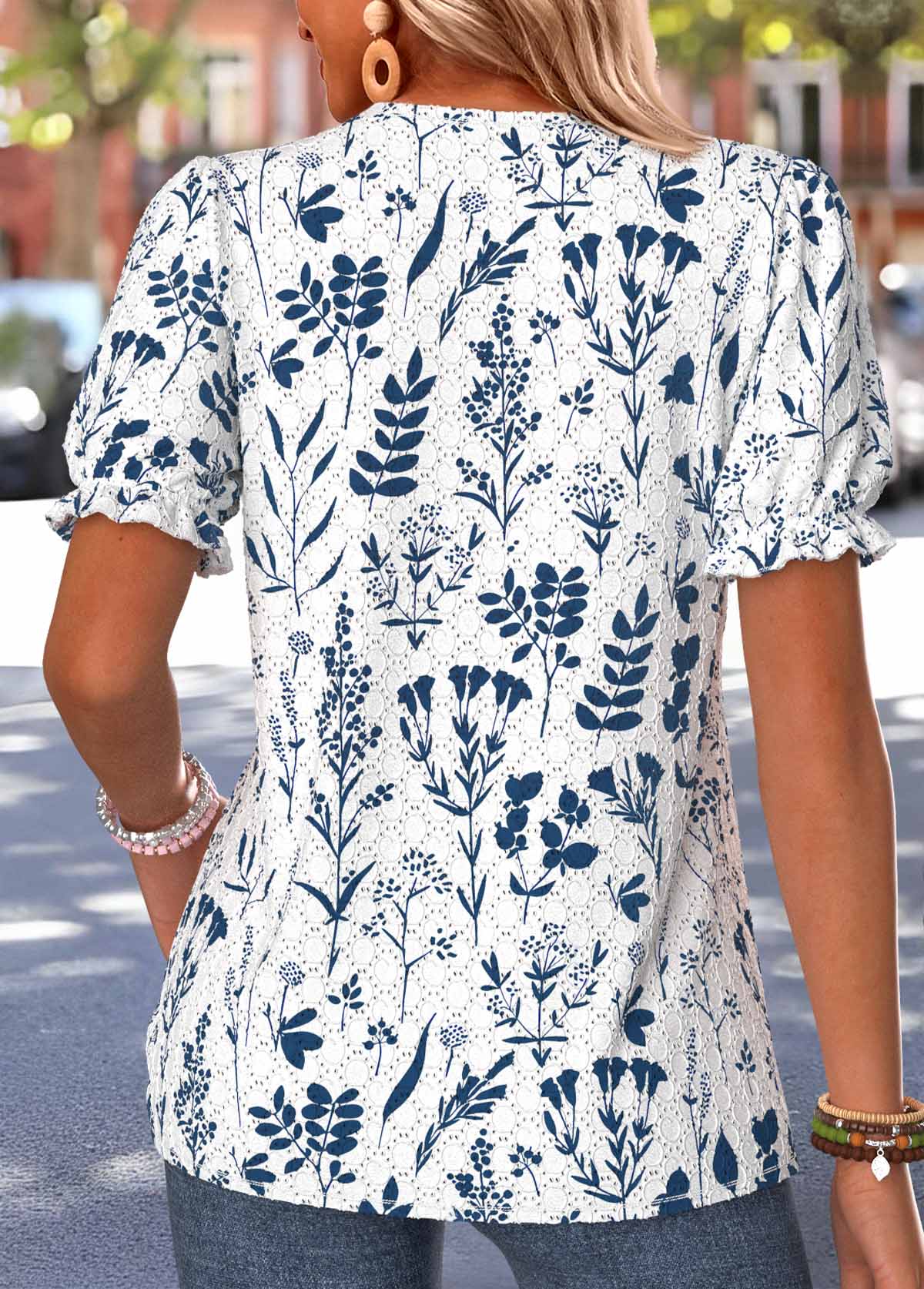 Blue Leaf Print Short Sleeve V Neck T Shirt | picture 