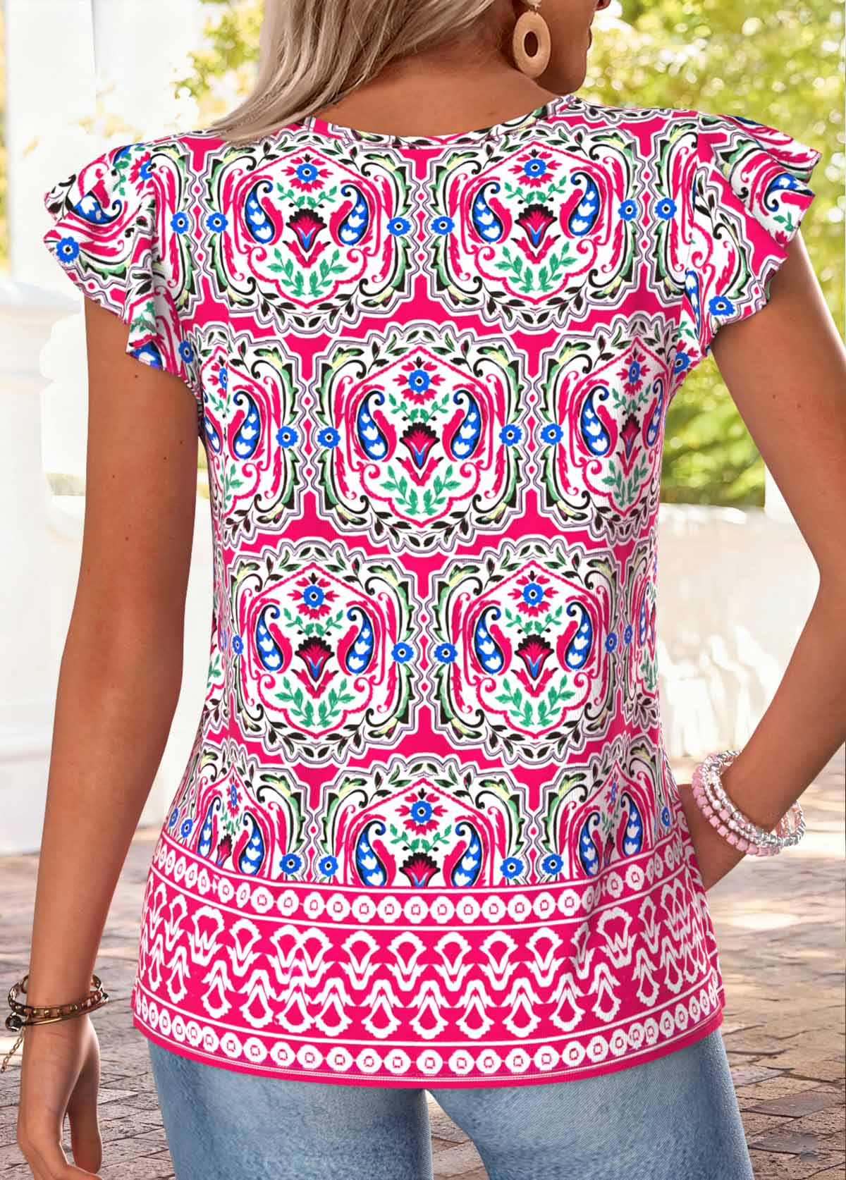 Hot Pink Tribal Print Ruffle Short Sleeve T Shirt | picture 