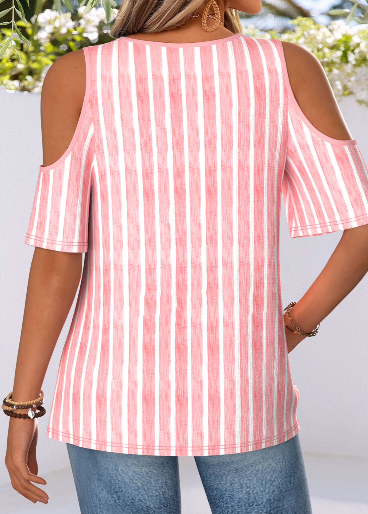 Light Pink Striped Belted Half Sleeve T Shirt | picture 