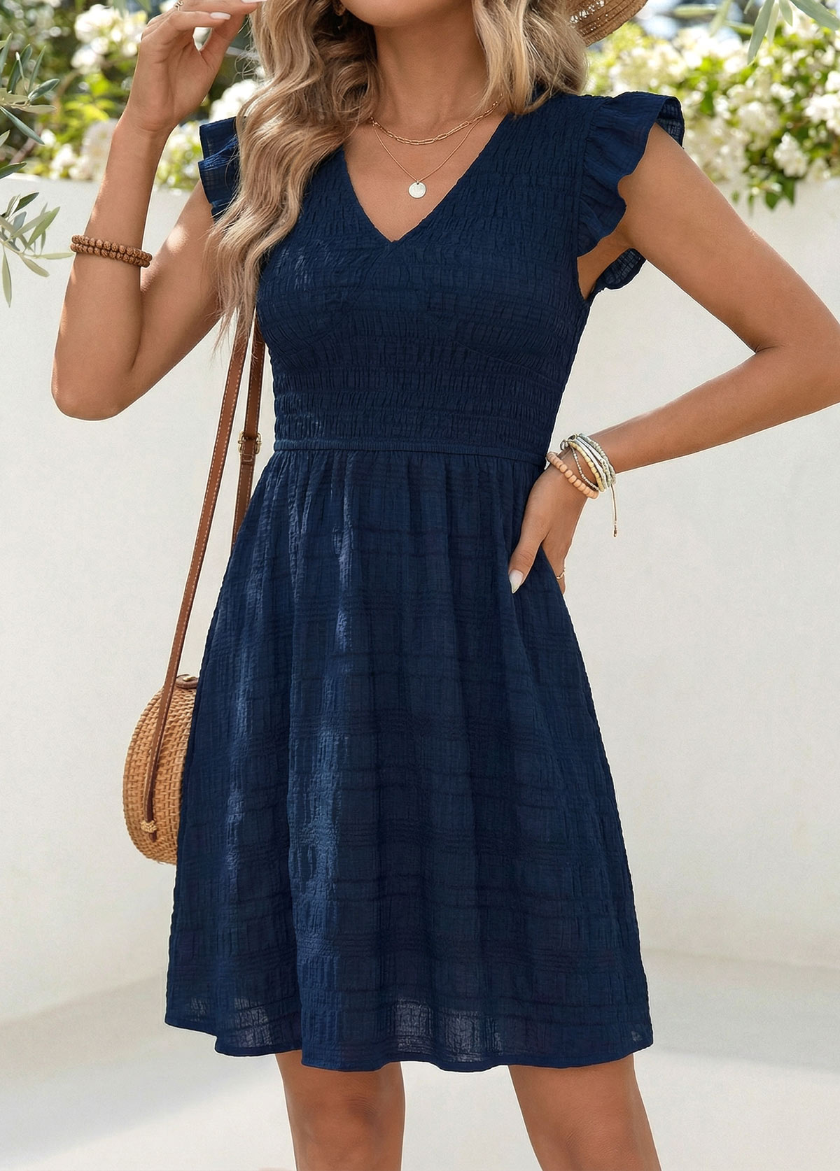 Navy Short Patchwork V Neck Dress | picture 