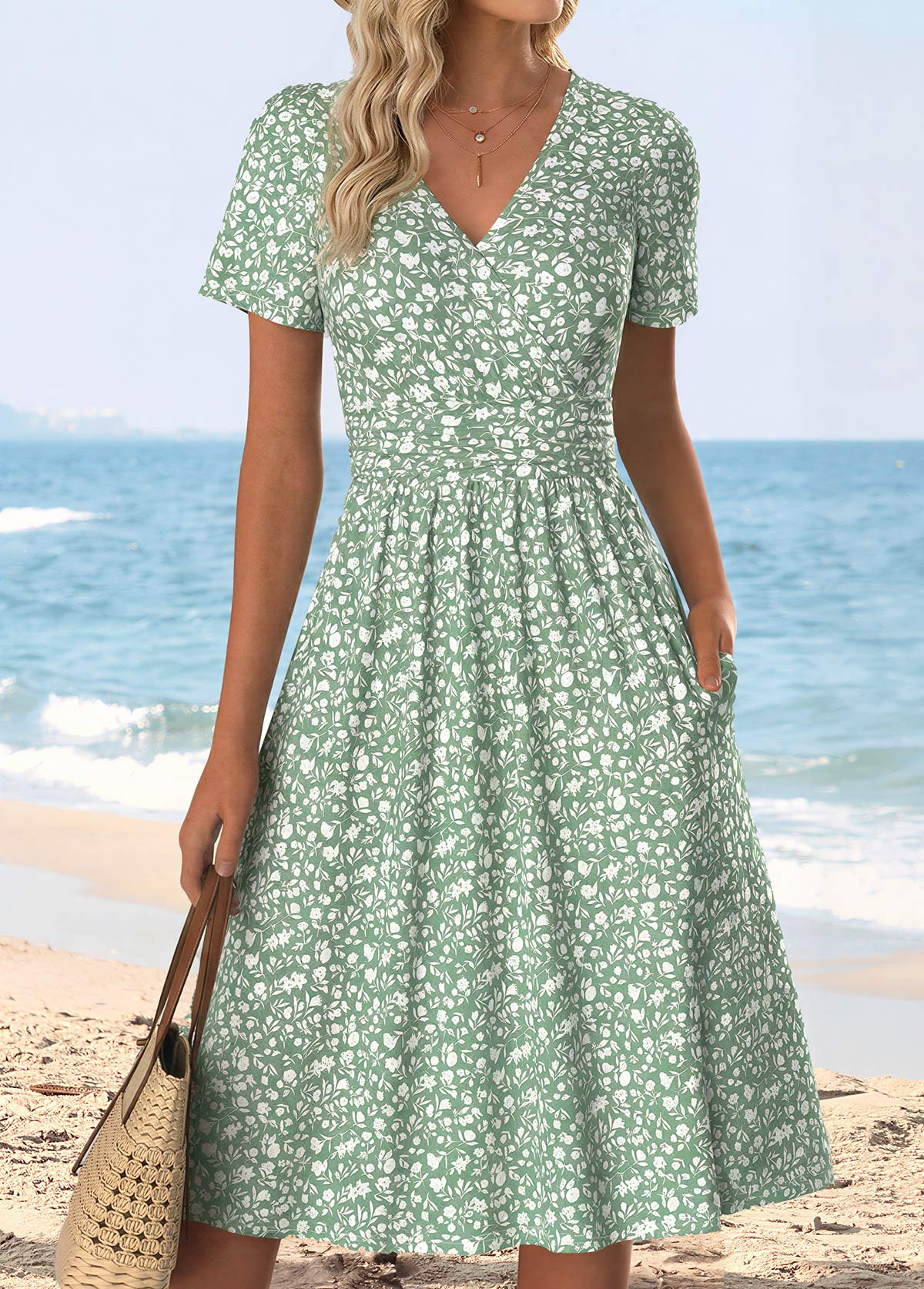 Light Green Ditsy Floral Print Surplice Short Sleeve Dress | picture 