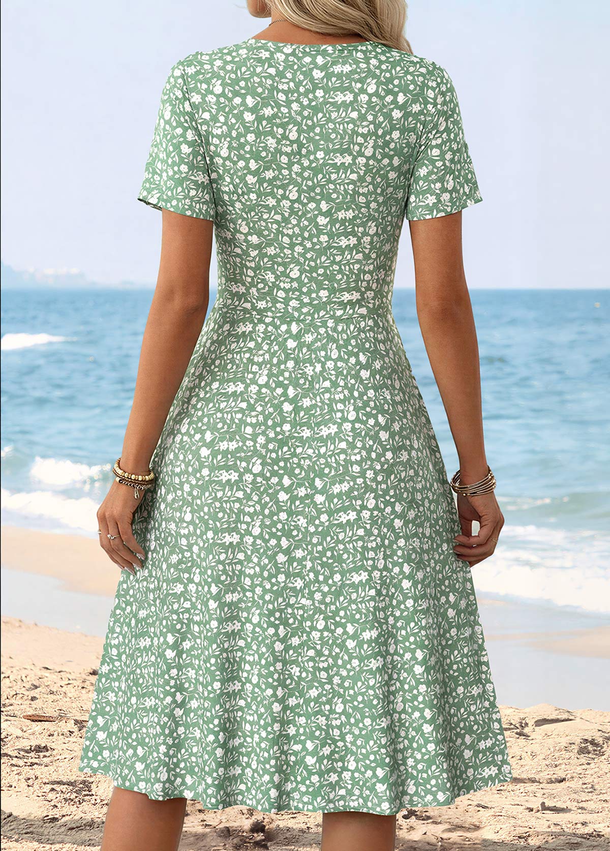 Light Green Ditsy Floral Print Surplice Short Sleeve Dress | picture 
