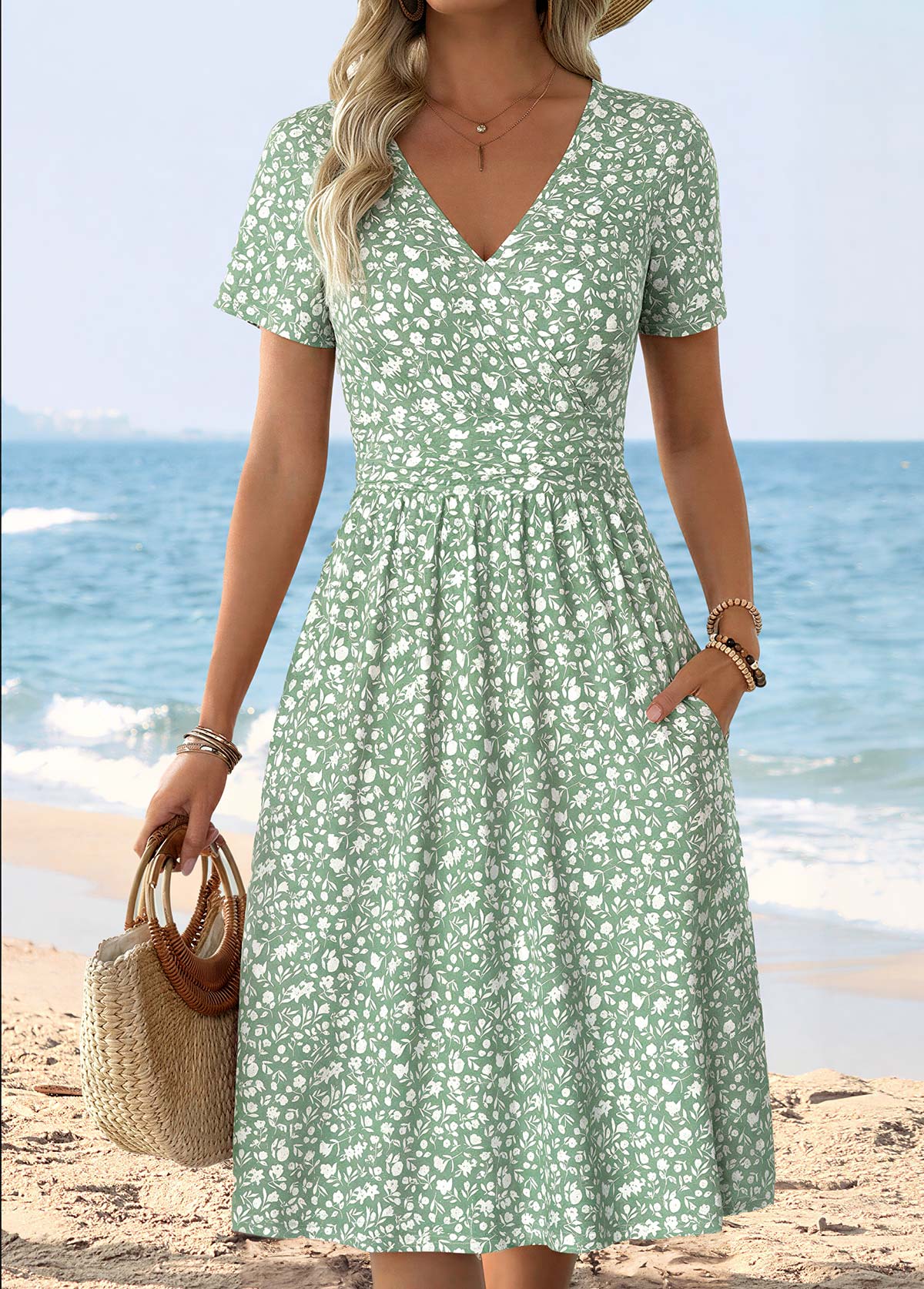 Light Green Ditsy Floral Print Surplice Short Sleeve Dress | picture 