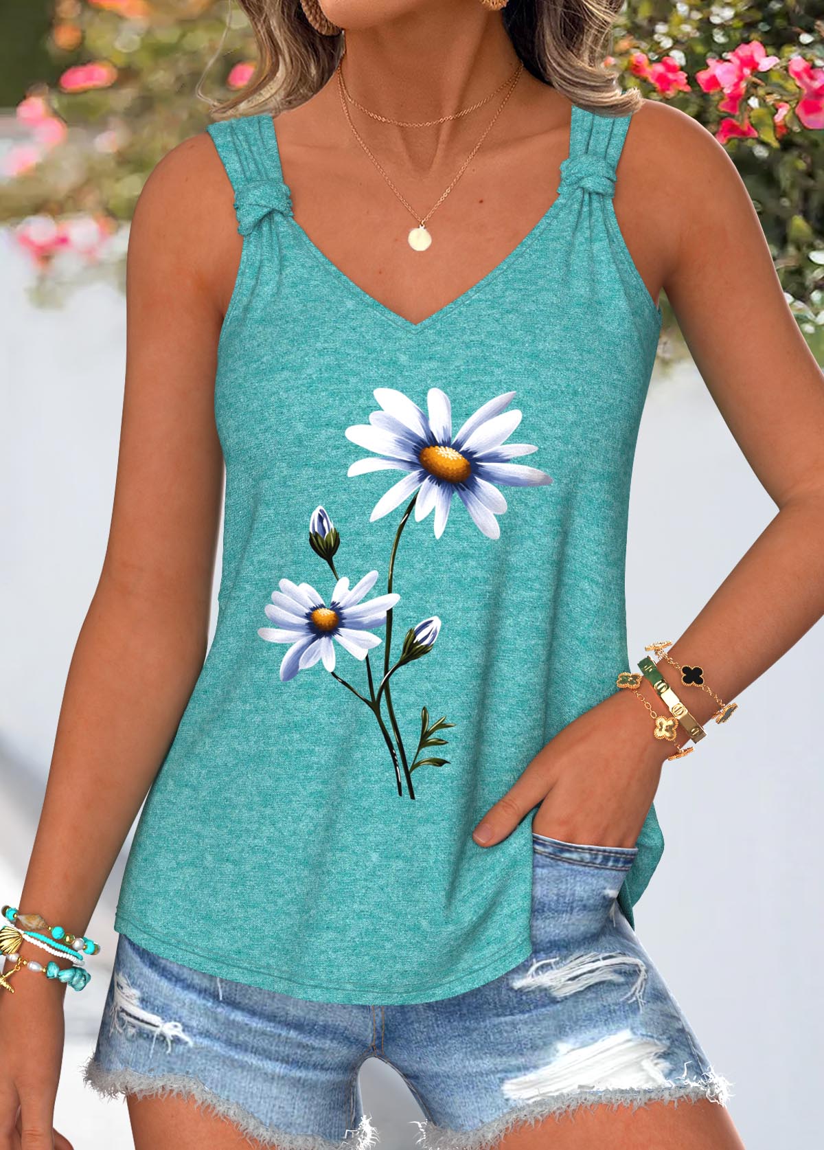 Cyan Floral Print Tie Sleeveless V Neck Tank Top | picture 