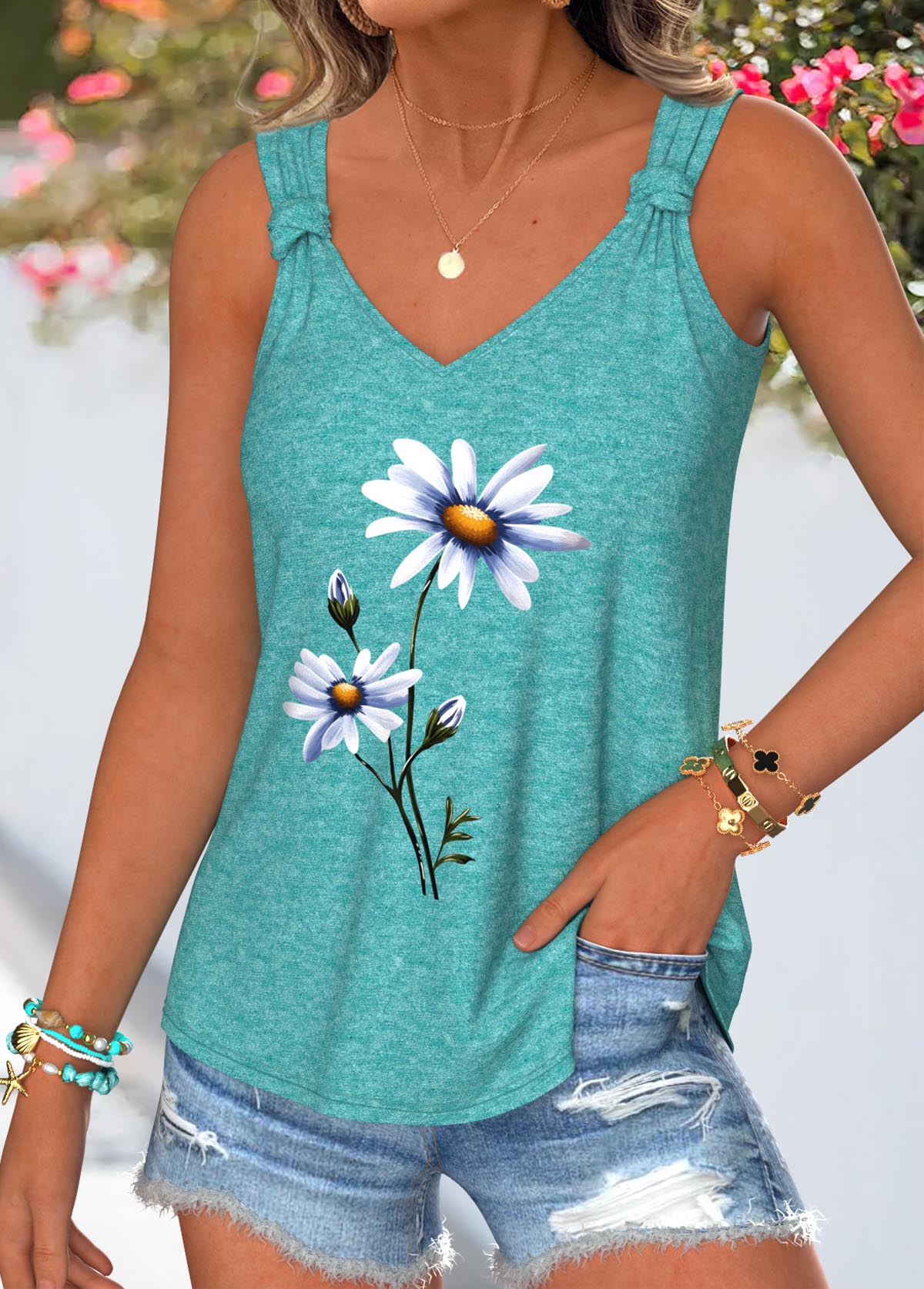 Cyan Floral Print Tie Sleeveless V Neck Tank Top | picture 