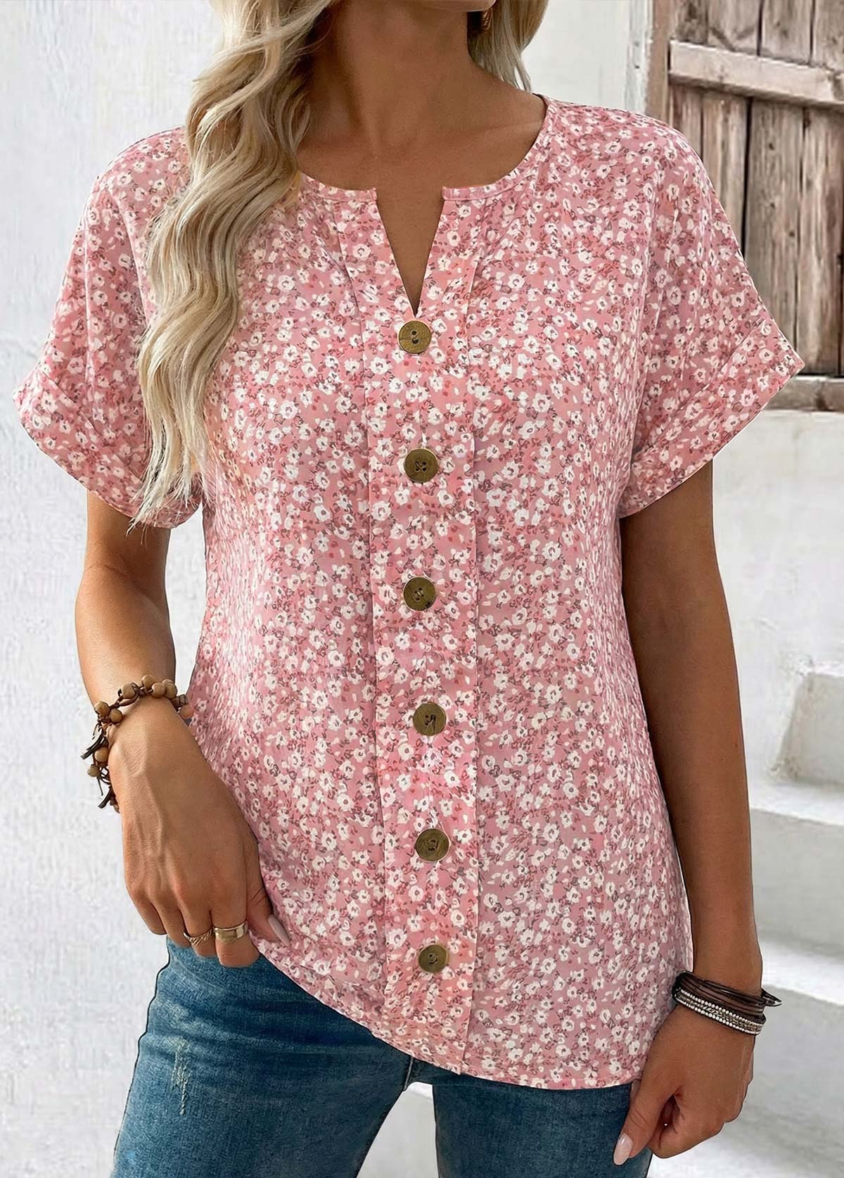 Pink Ditsy Floral Print Tummy Coverage T Shirt | picture 