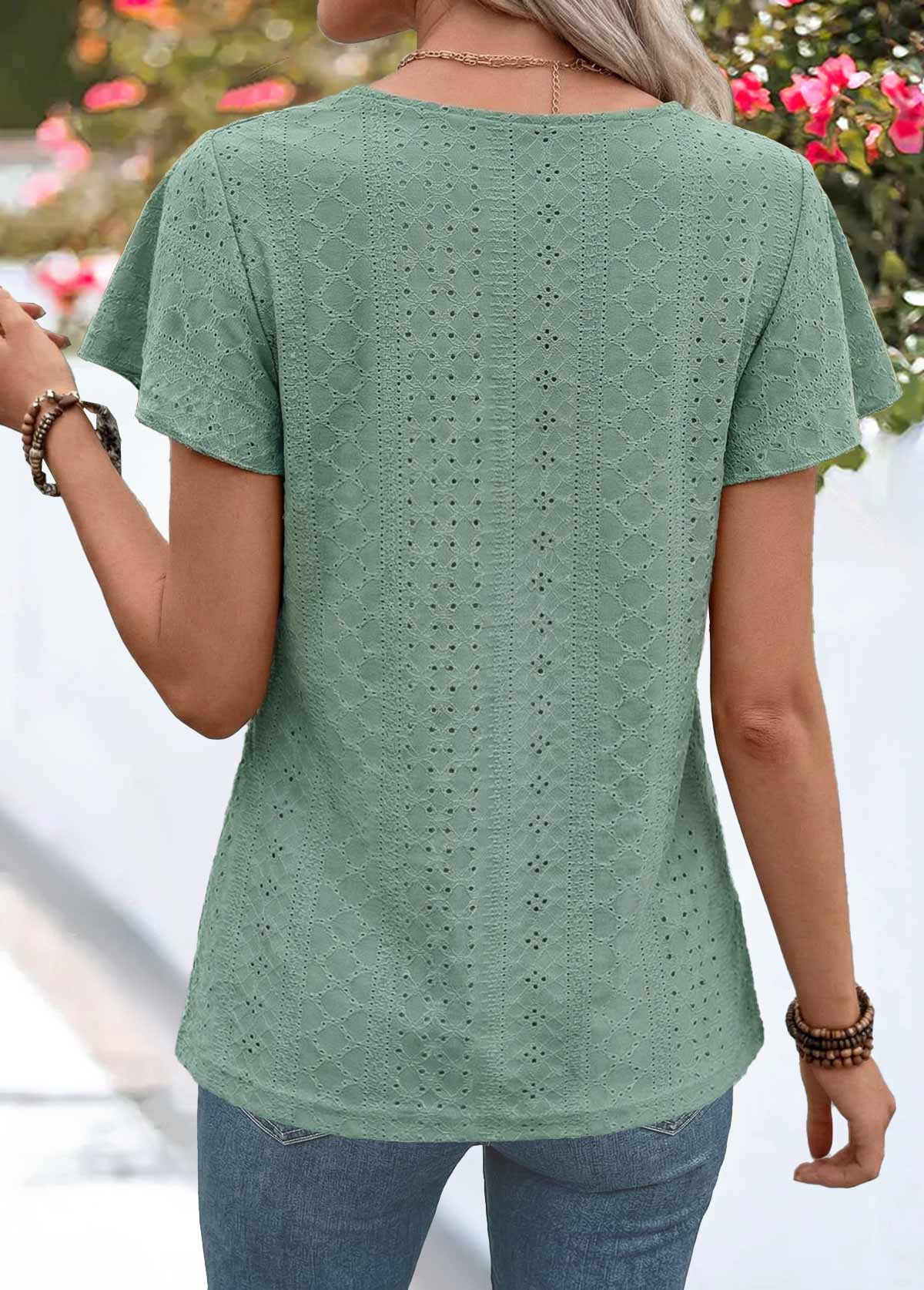 Sage Green Shirred Short Sleeve V Neck T Shirt | picture 