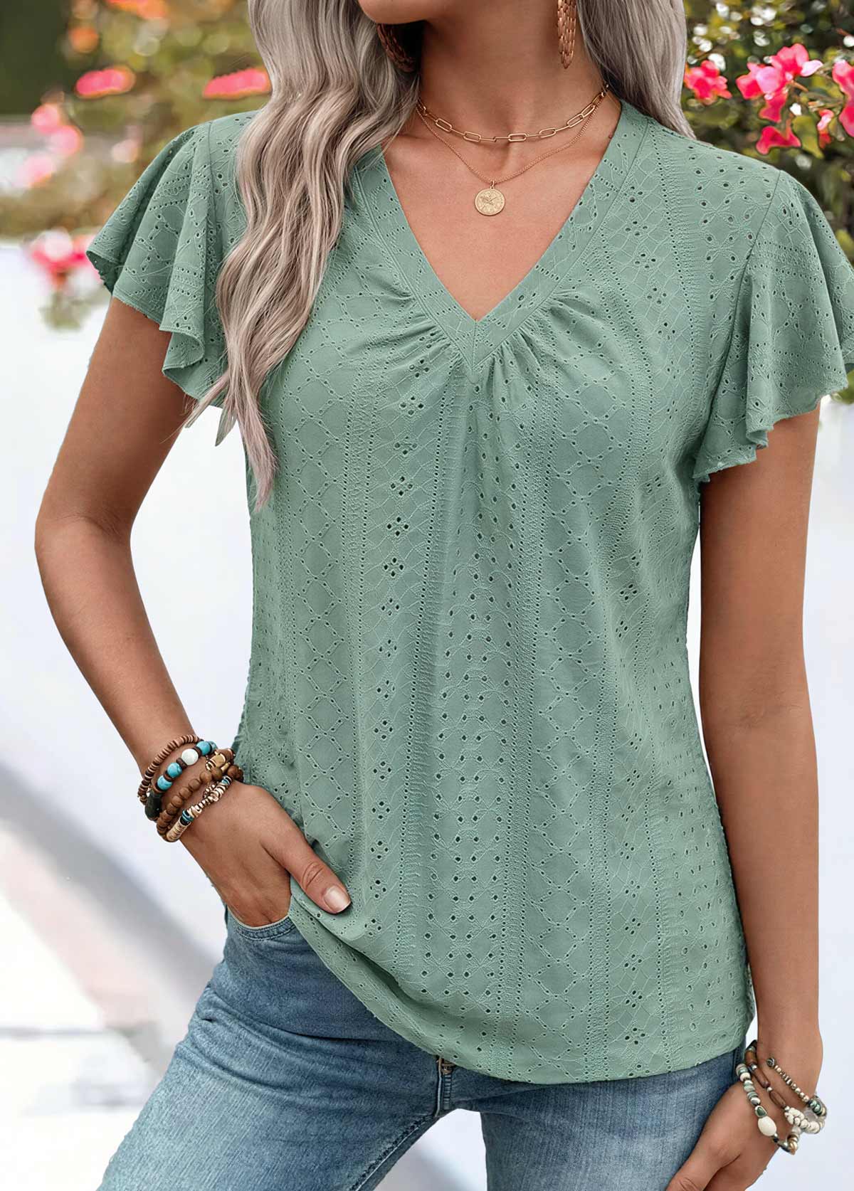 Sage Green Shirred Short Sleeve V Neck T Shirt | picture 